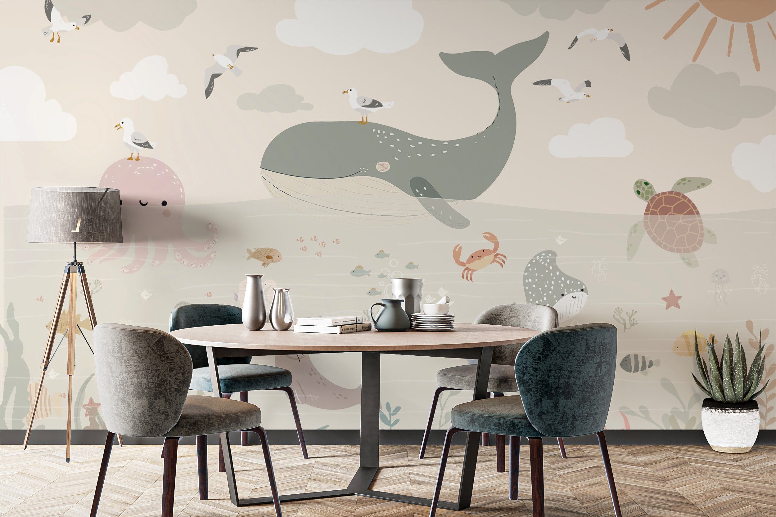 Soft pastel sea creatures mural for children’s spaces
