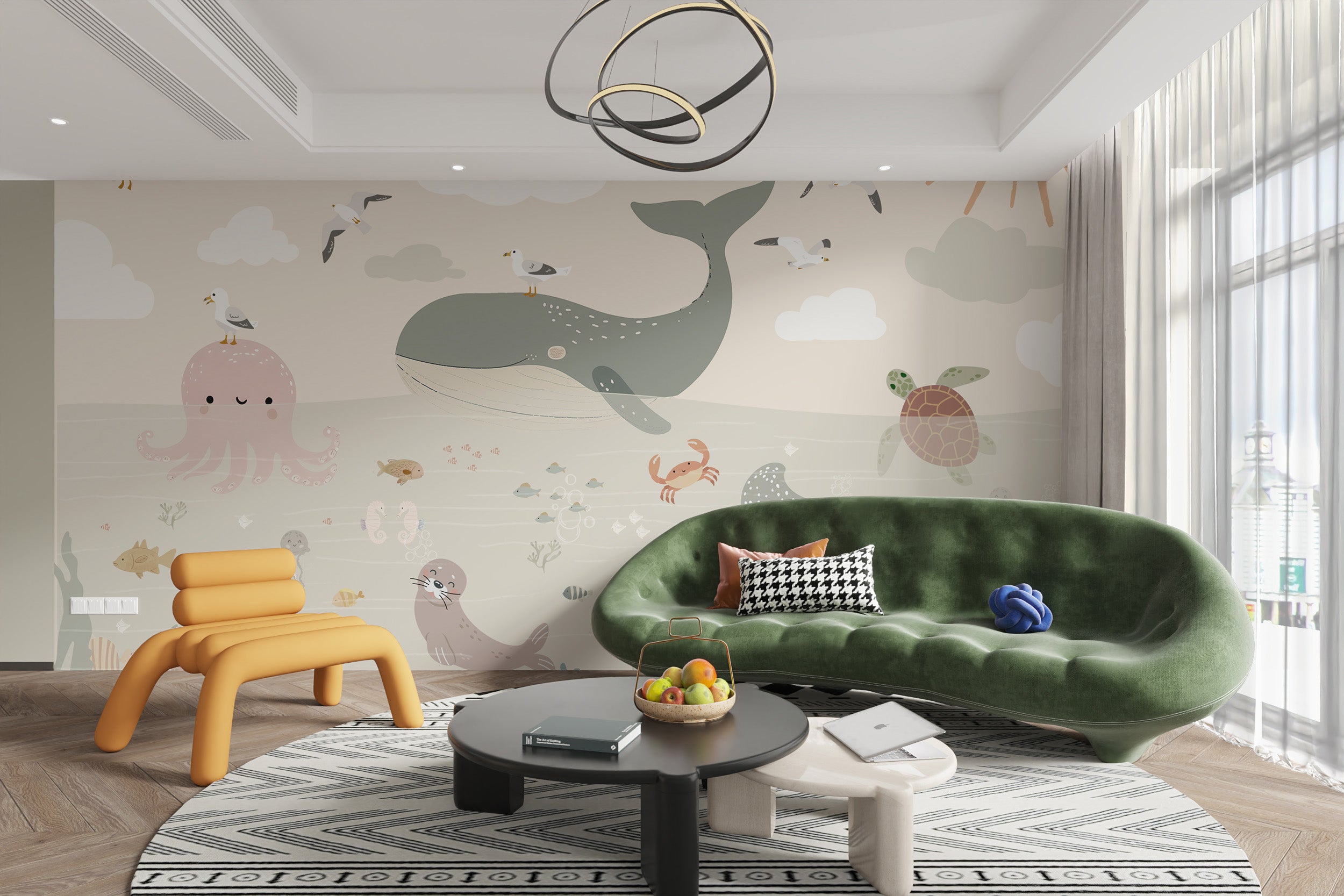 Fun aquatic animals mural for playroom walls
