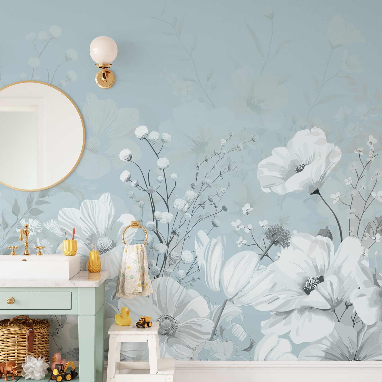 Stylish Blue and White Floral Wallpaper Mural
