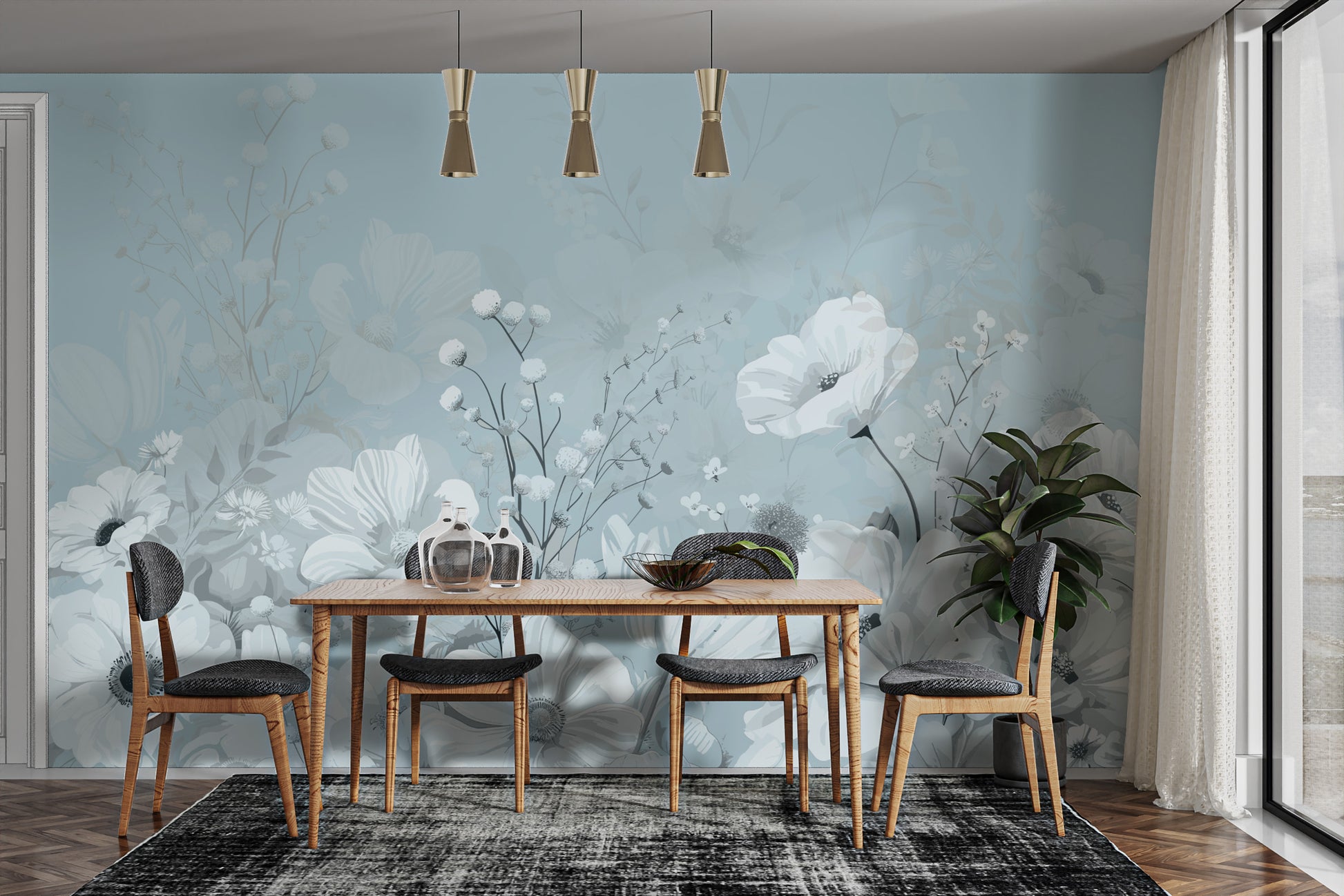 Elegant Blue Floral Wallpaper Mural for Walls
