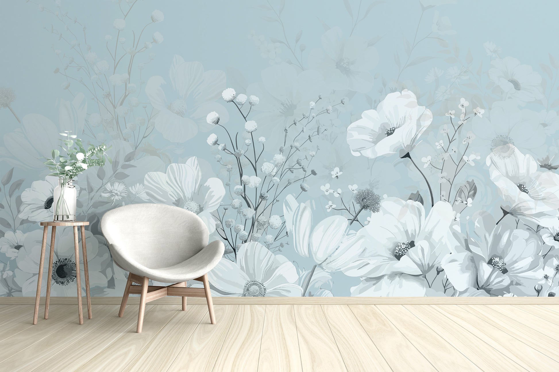 Delicate White Flowers on a Blue Wallpaper Mural
