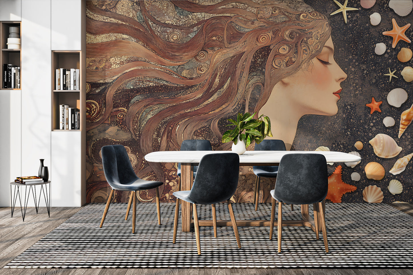 Mythical goddess wall mural with rich golden textures
