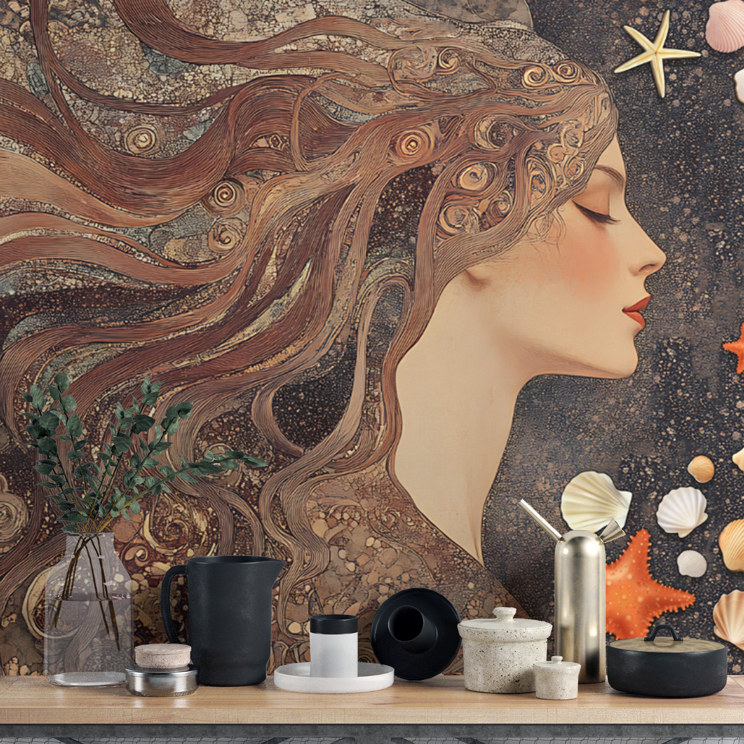 Ethereal Ocean Goddess Wall Mural with celestial beauty
