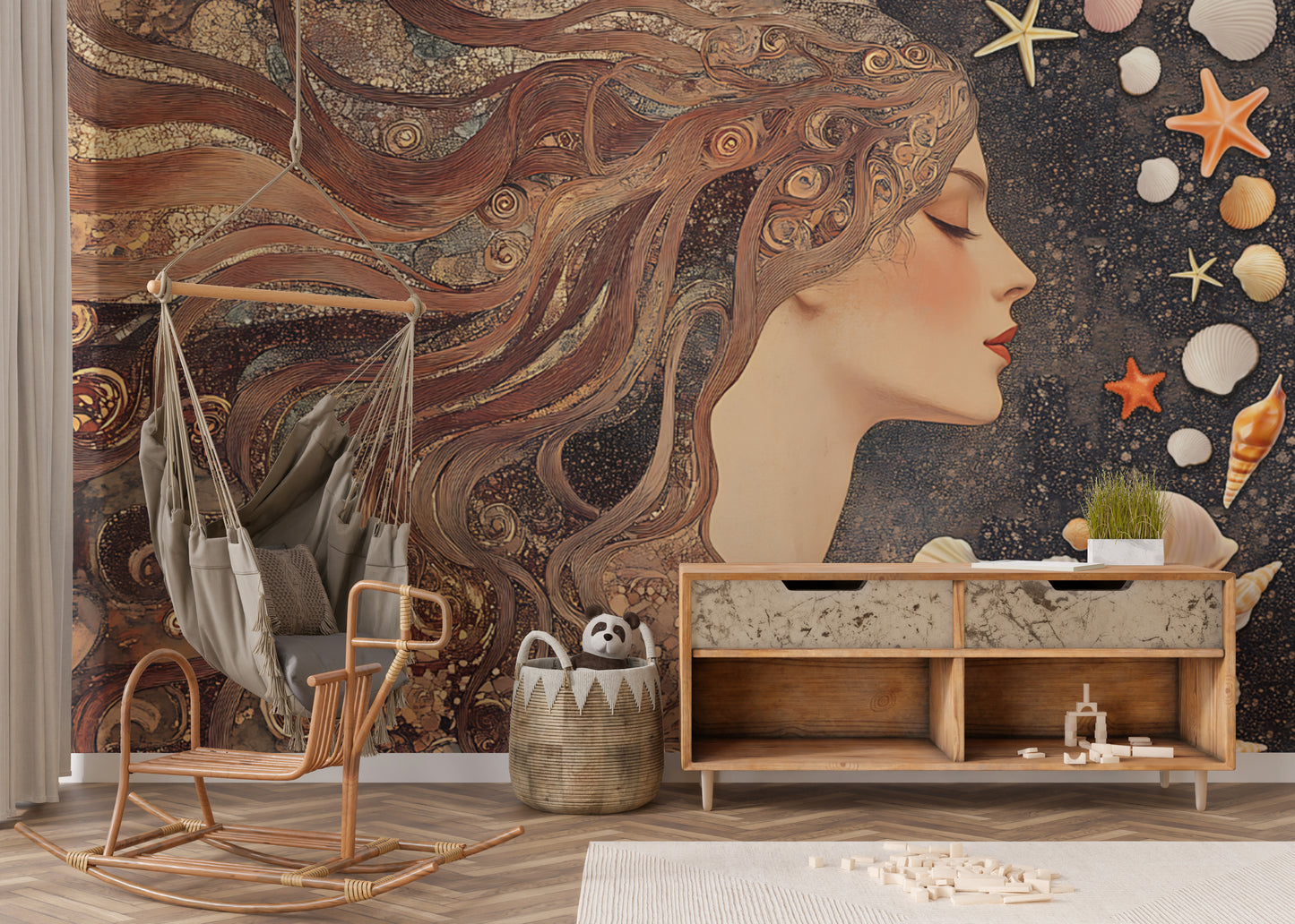 Mystical goddess wall mural with flowing golden hair
