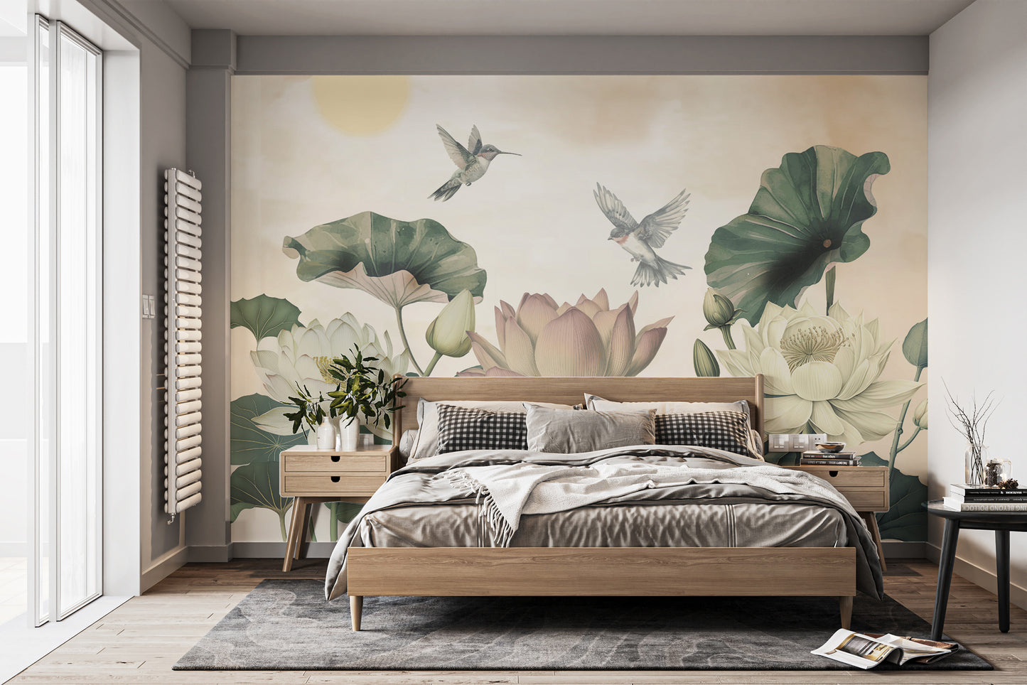 Soft Pastel Lotus & Hummingbird Wallpaper for Walls
