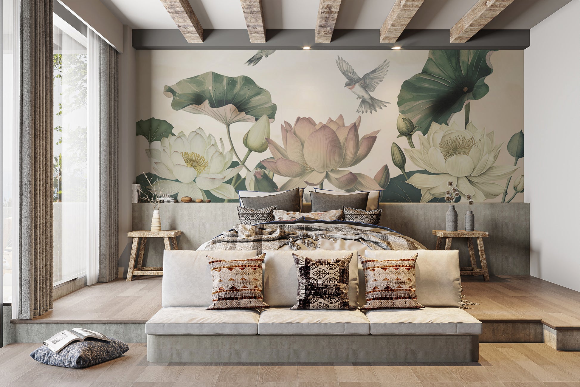 Floral Wallpaper for Walls with Lotus and Birds
