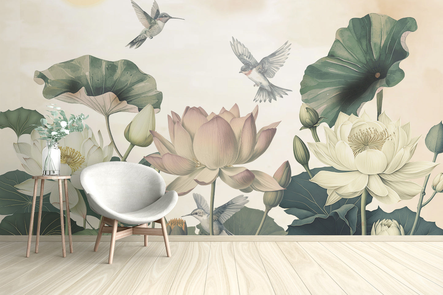 Beautiful Lotus and Hummingbird Wallpaper Mural
