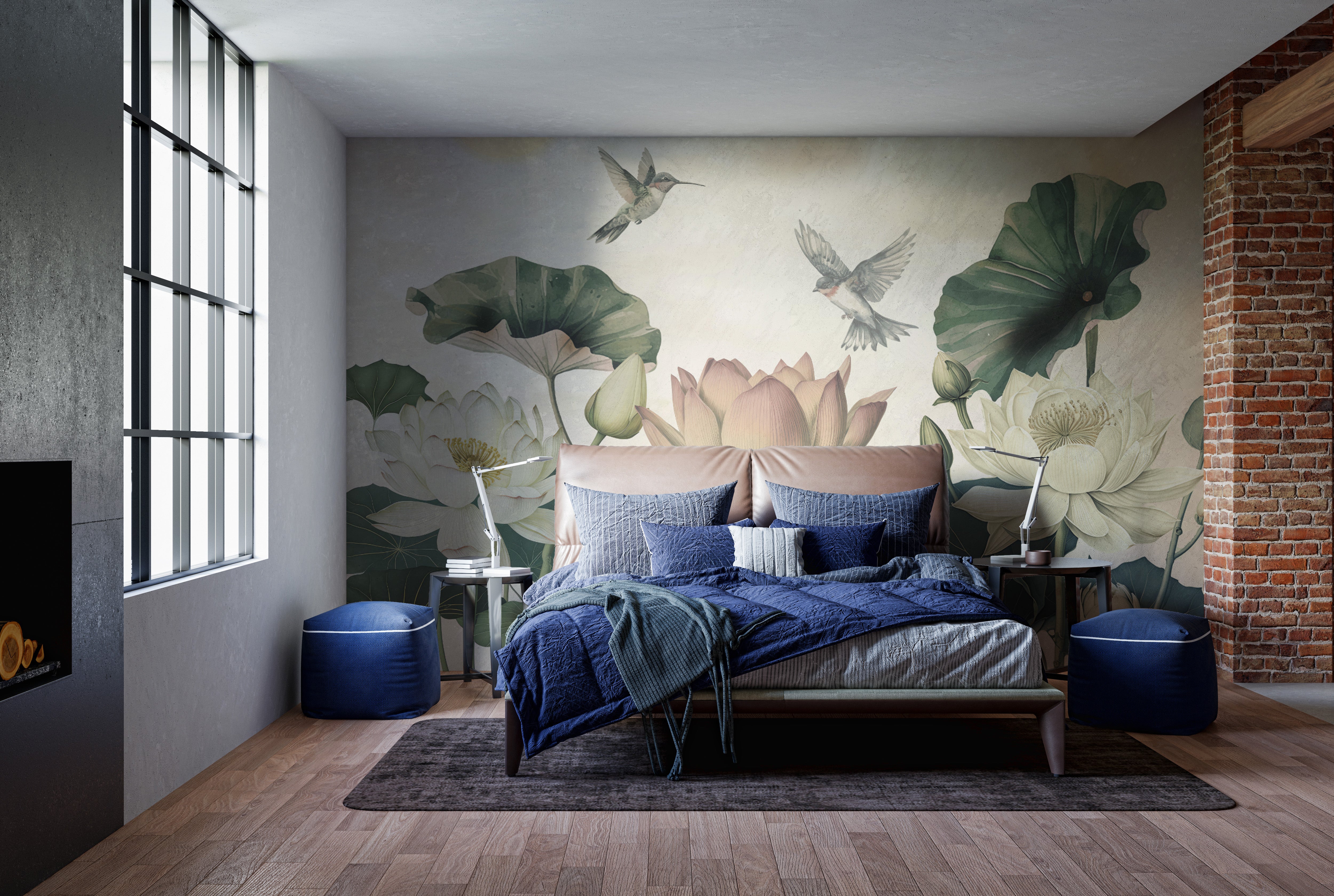 Elegant Lotus & Hummingbird Wallpaper Mural Design
