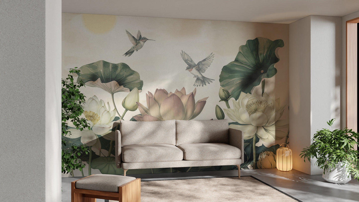 Nature-inspired Lotus Flower Wallpaper with Hummingbirds
