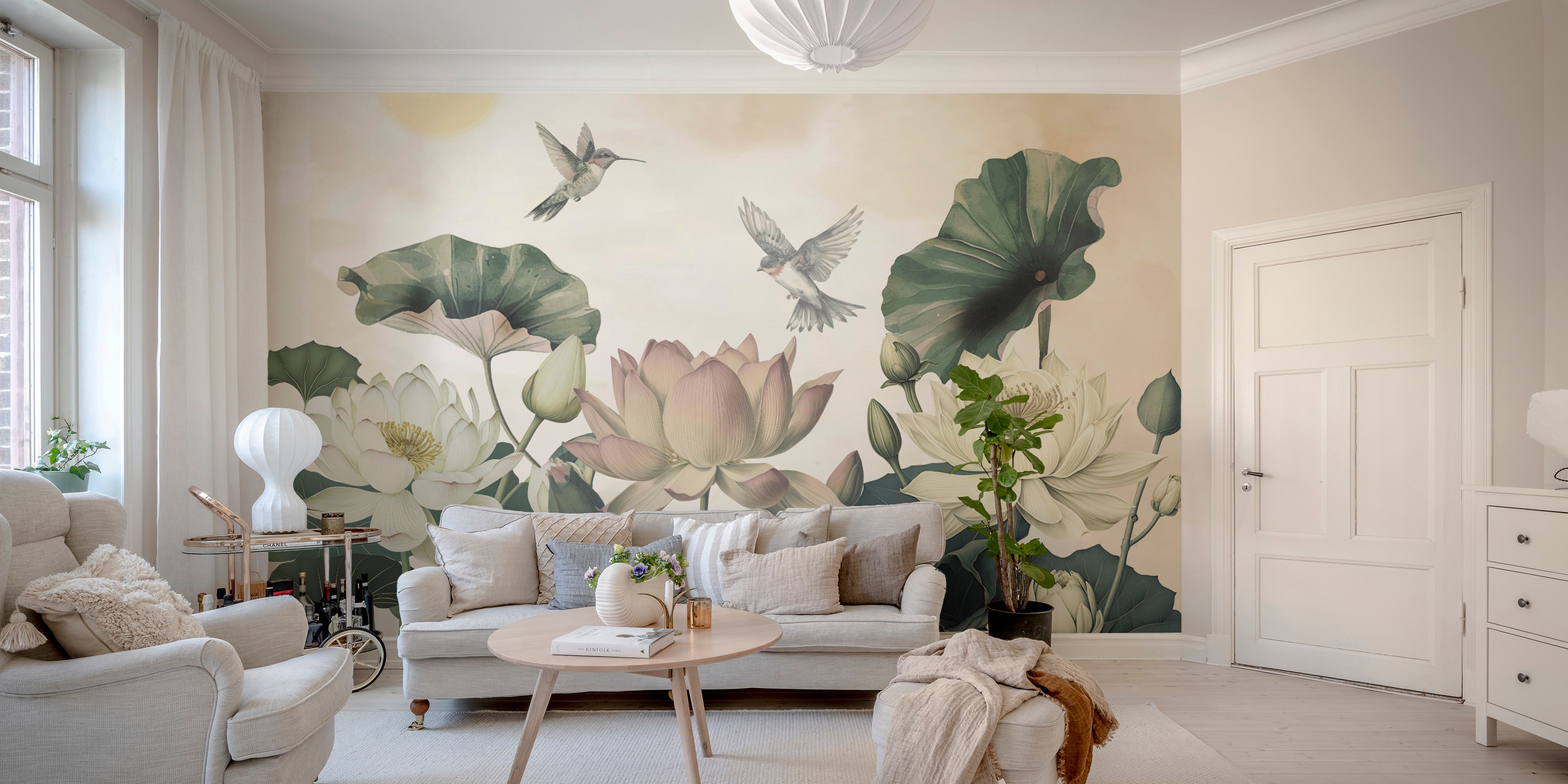 Elegant Nature Wall Mural with Lotus and Birds
