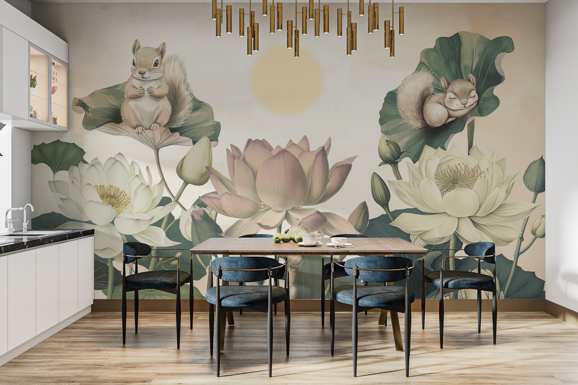 Whimsical mural of squirrels in a blooming lotus garden
