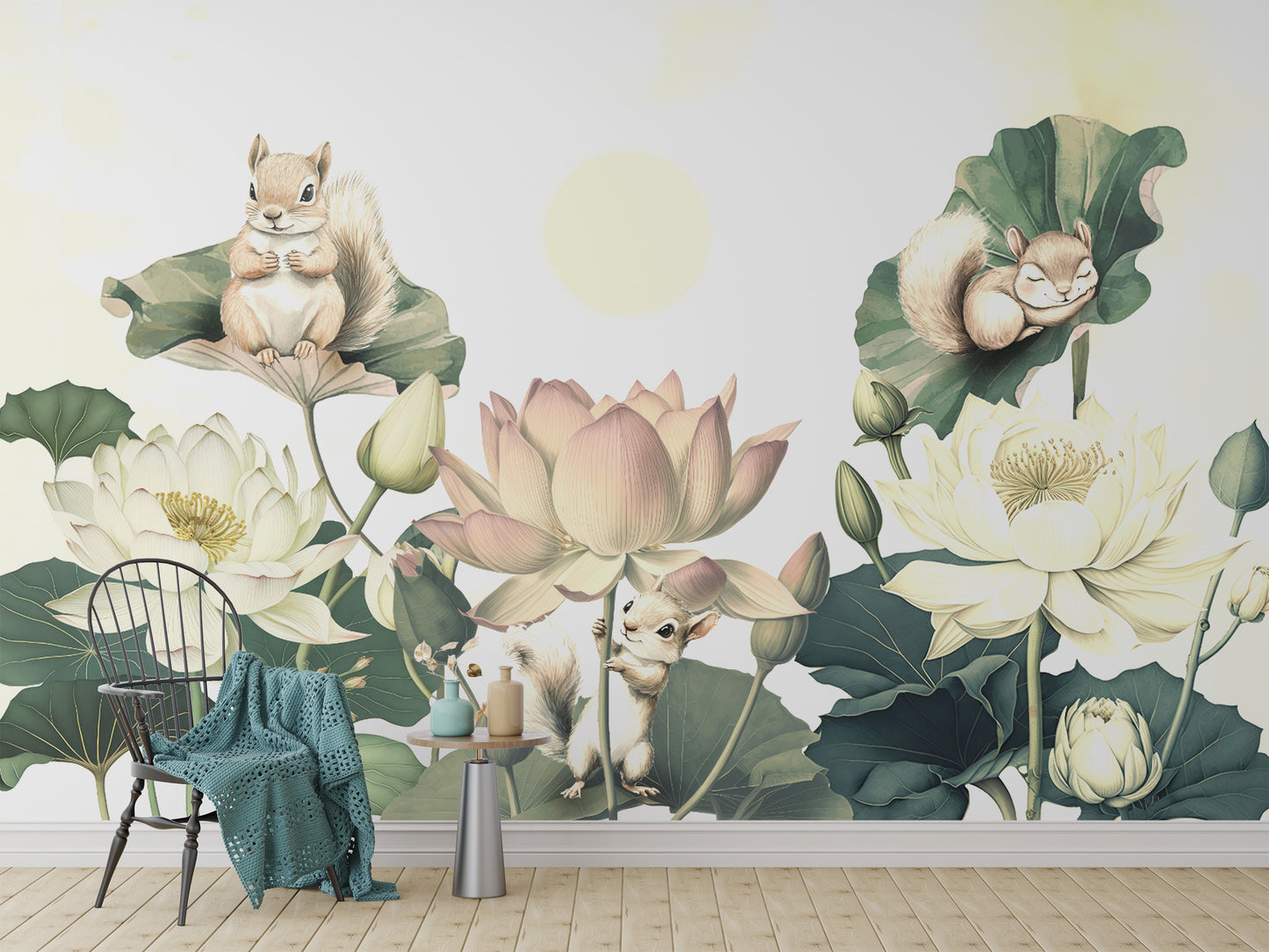 Soft pastel lotus wallpaper with charming squirrel details




