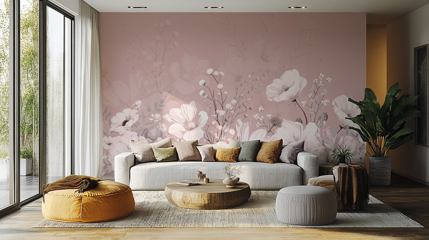 Luxury pink floral wall mural with intricate flower details
