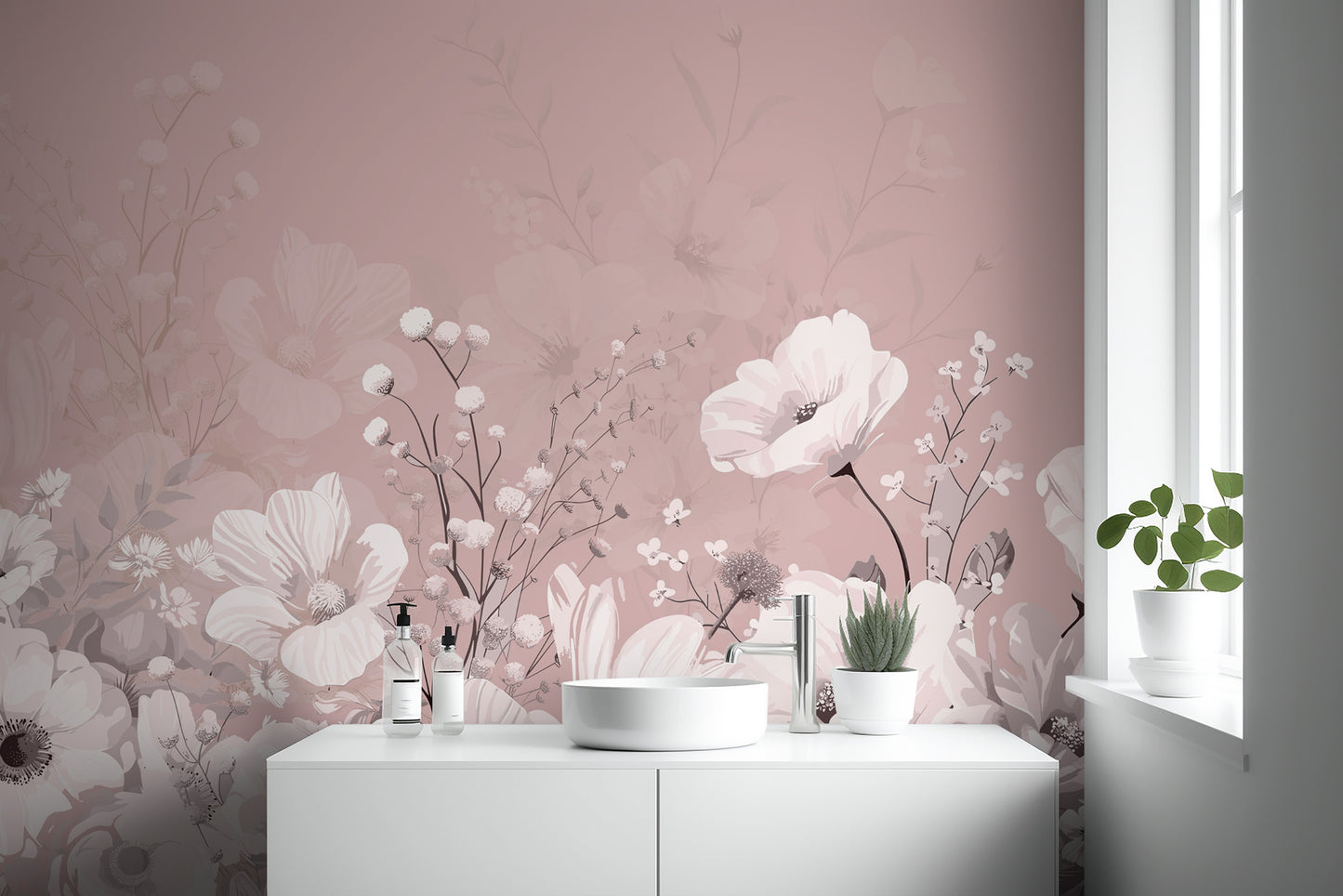 Blush pink botanical mural with classic floral elegance
