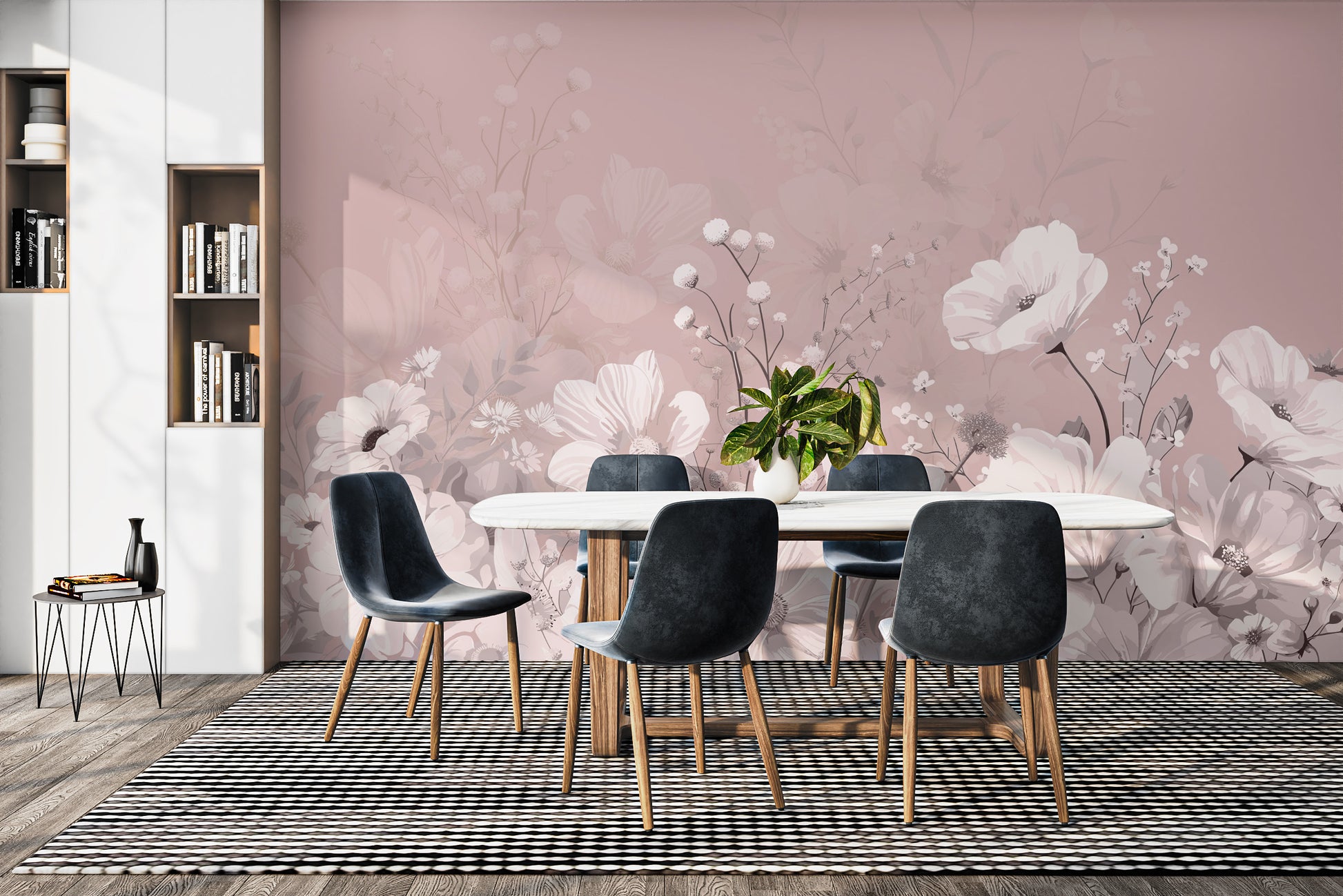 Graceful vintage floral mural with soft pink aesthetics




