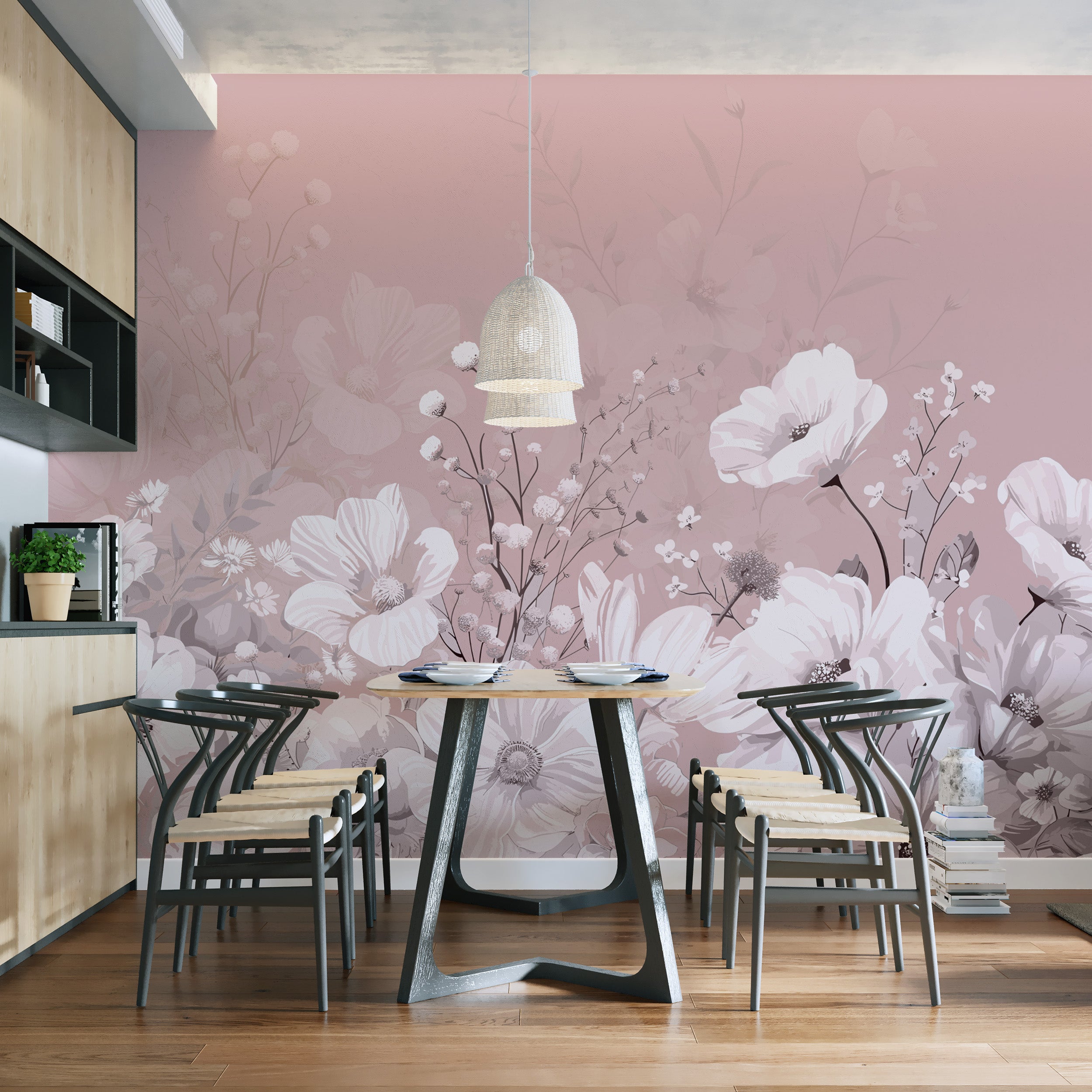 Blush pink floral wallpaper with vintage botanical design
