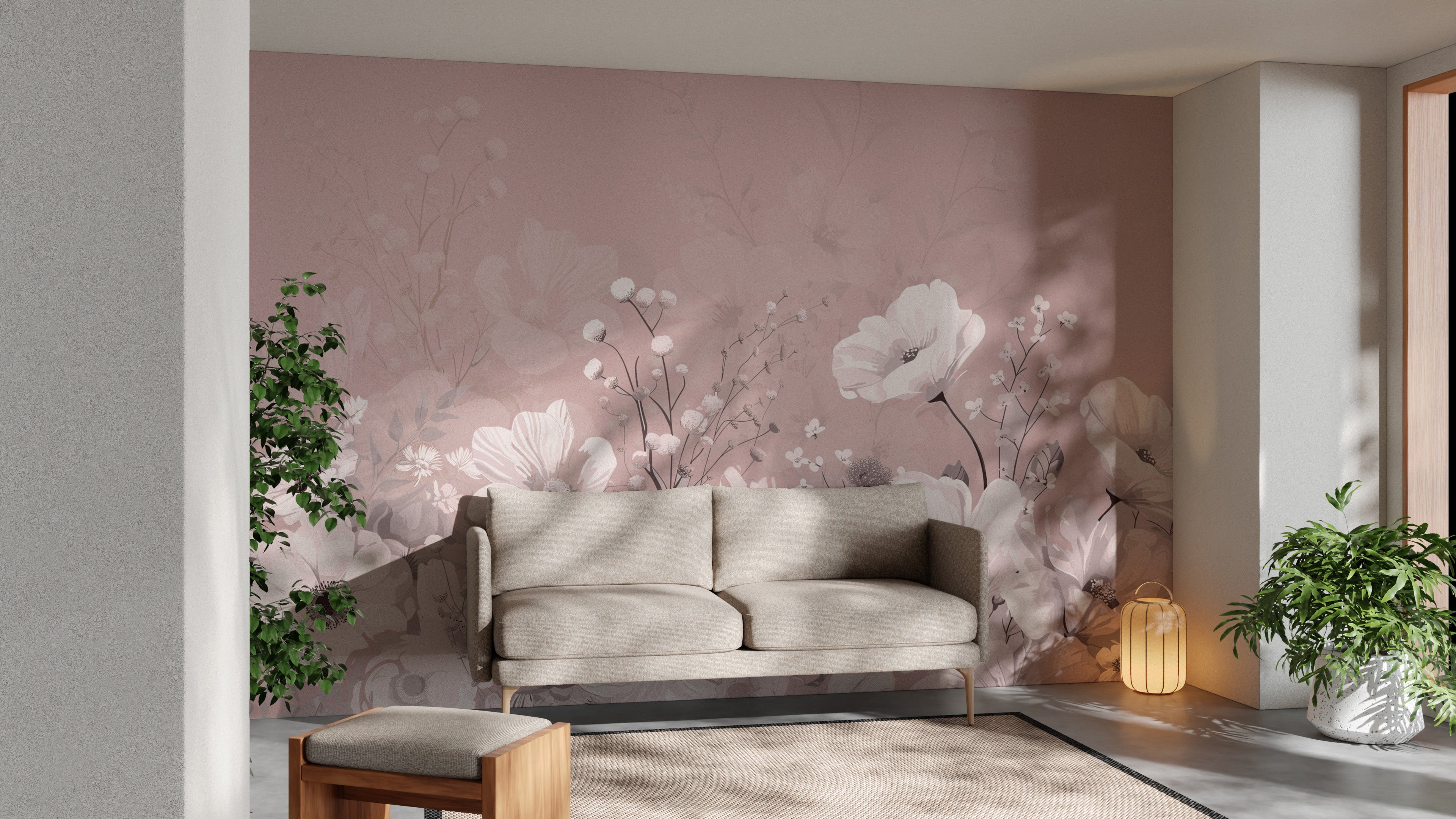 Soft pink botanical wallpaper with delicate white blooms
