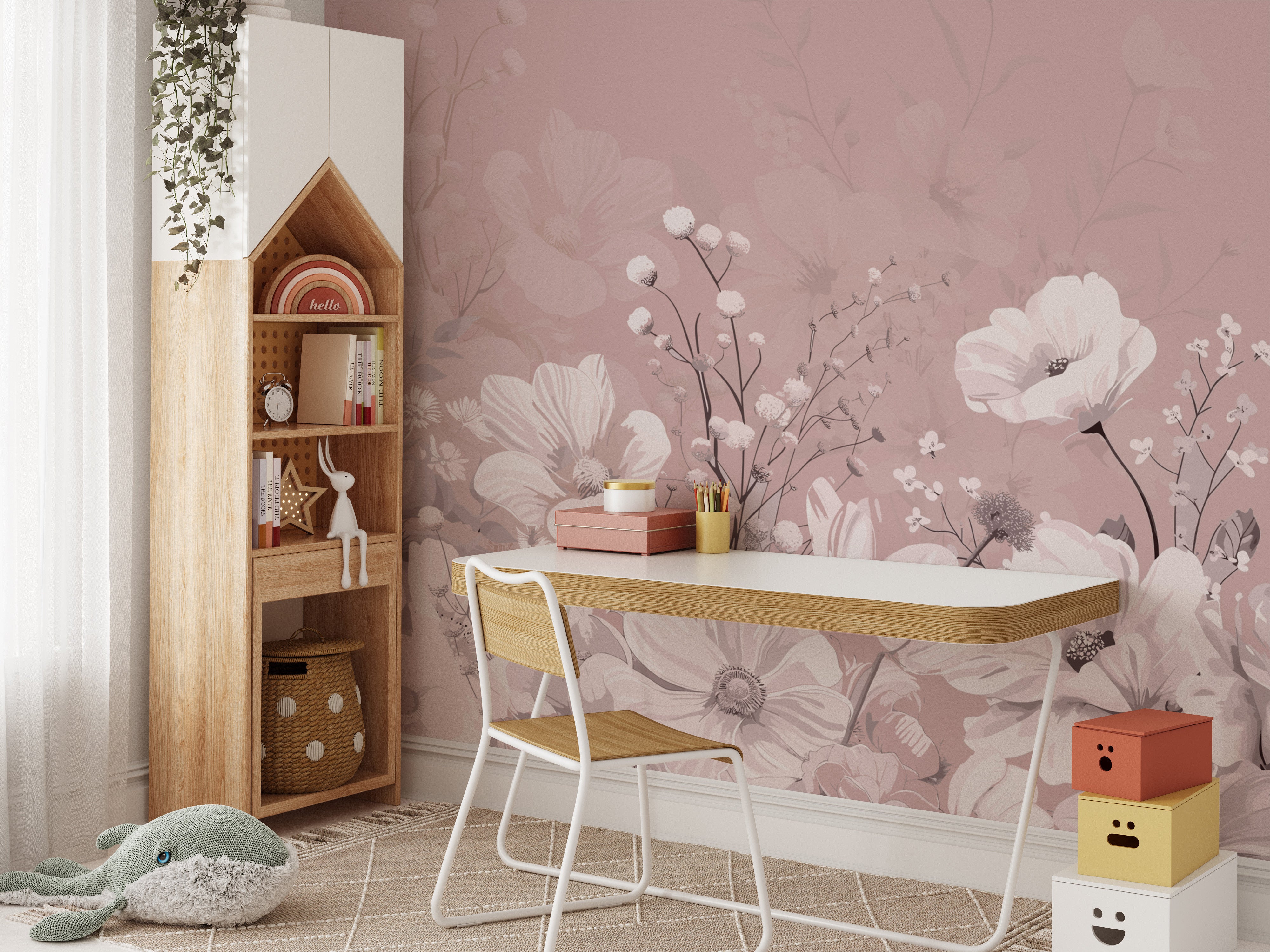 Chic floral wallpaper mural with soft pink background
