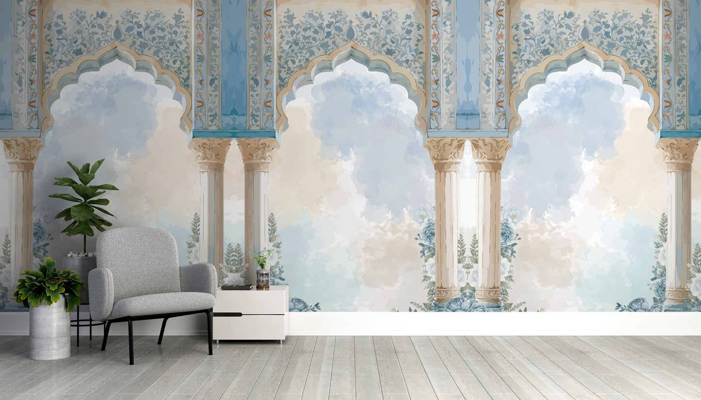 Regal palace wall mural with soft blue and gold hues
