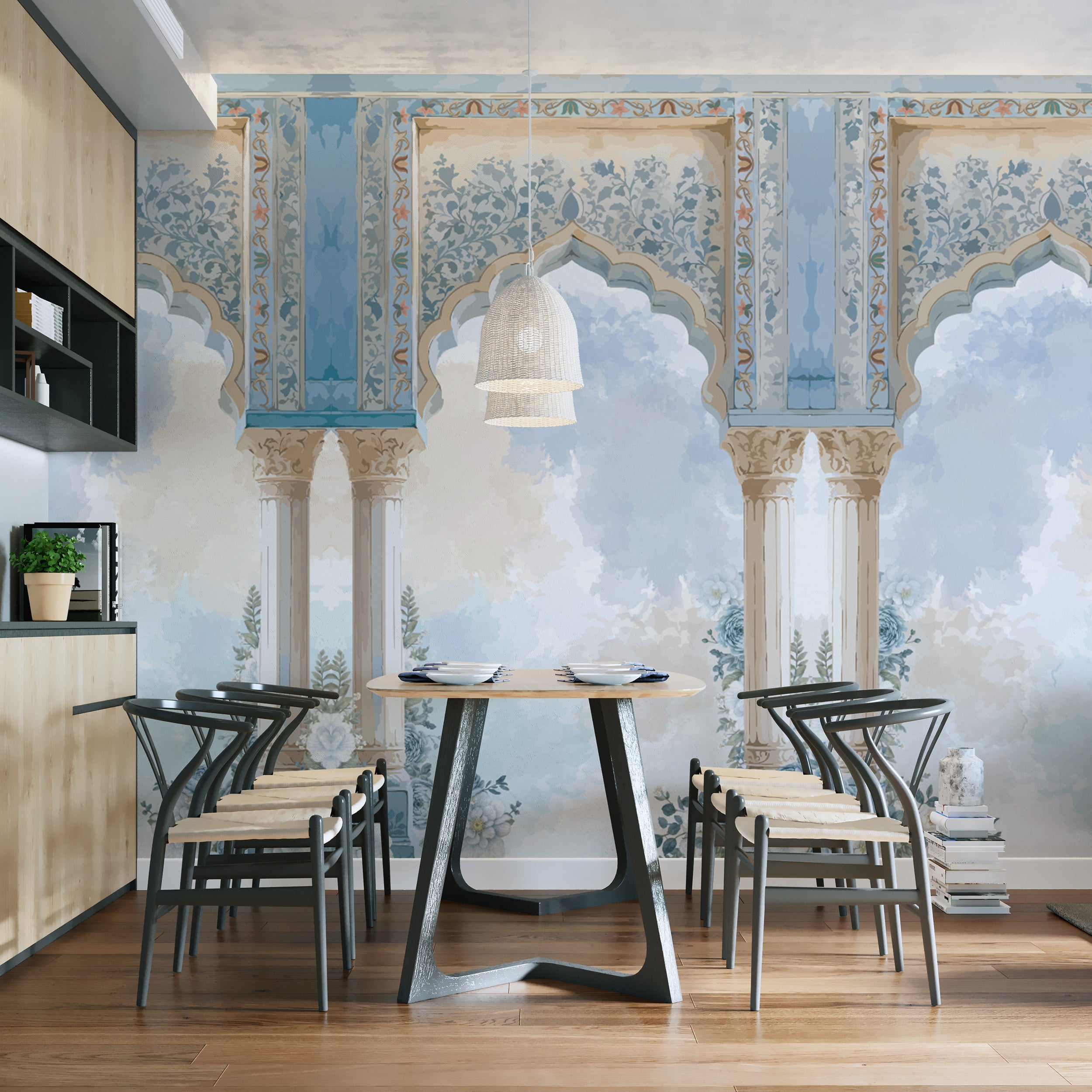 Majestic Mughal-inspired mural with ornate columns
