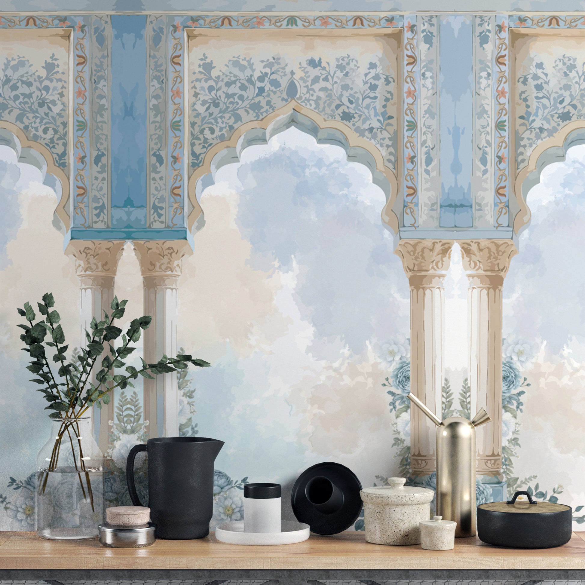 Classic arched wall mural with heritage patterns
