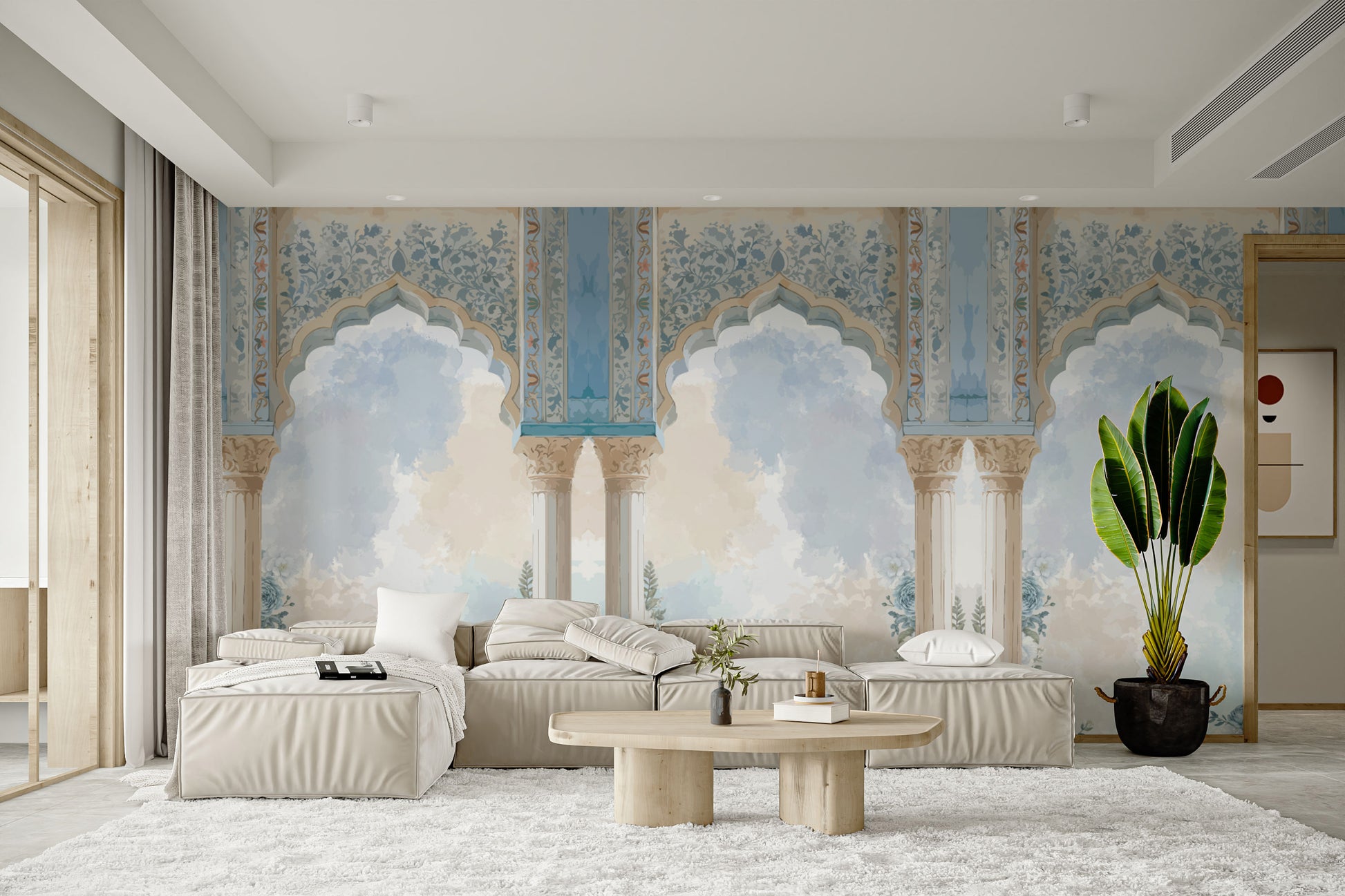 Elegant Mughal-style mural with royal palace arches




