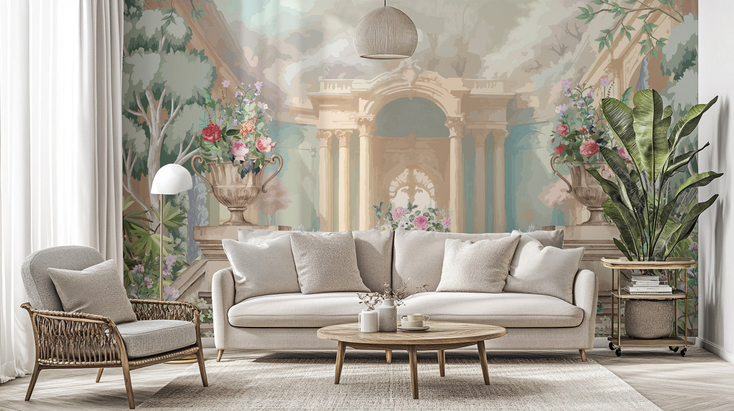 Vintage floral garden mural with elegant palace scenery
