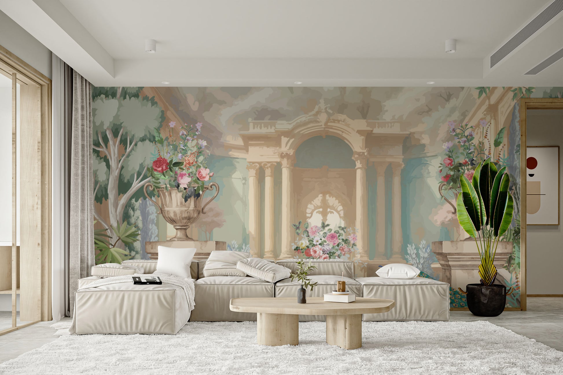 Royal entrance wall mural with columns and peacock
