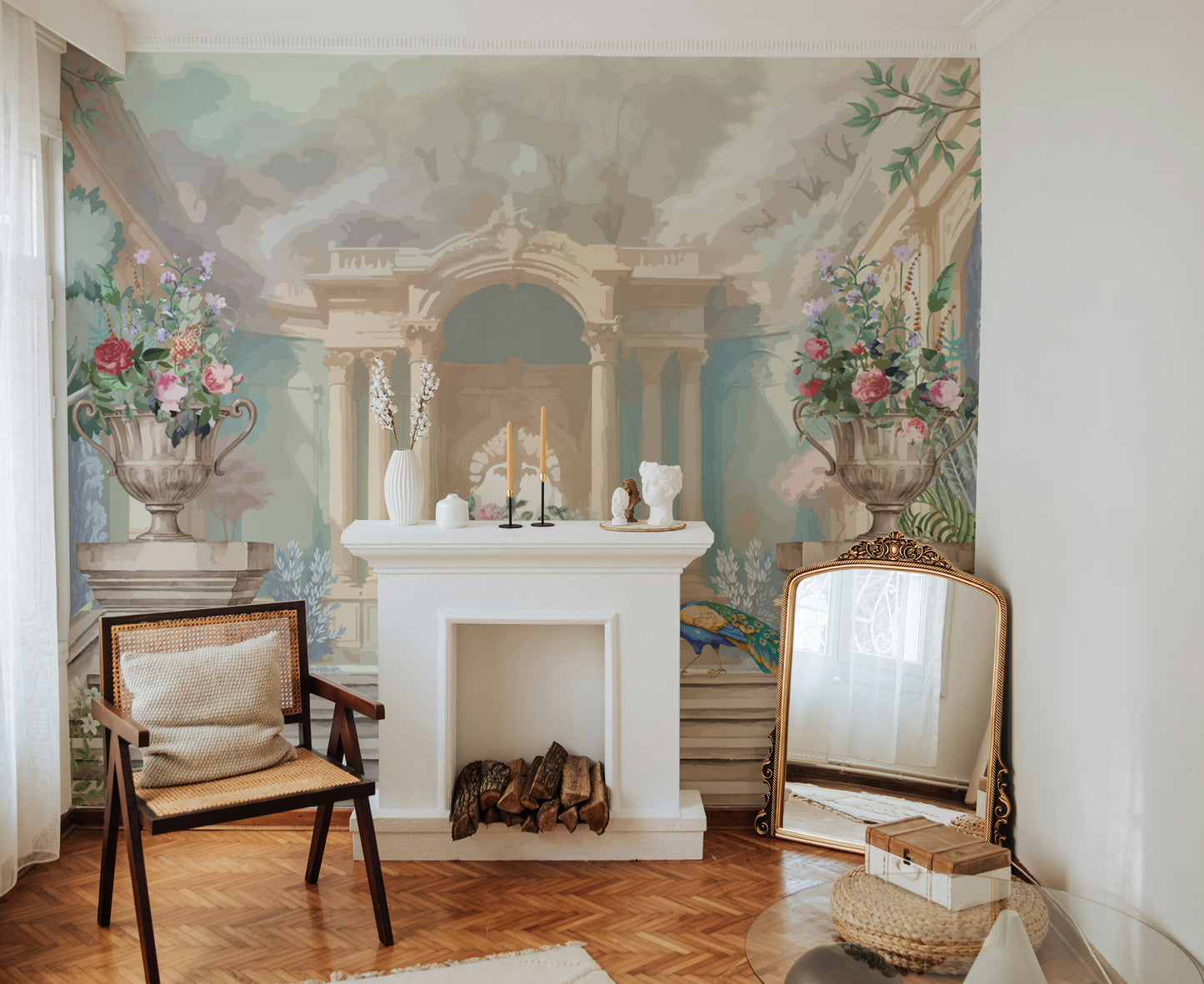 Timeless floral palace mural with a regal peacock scene




