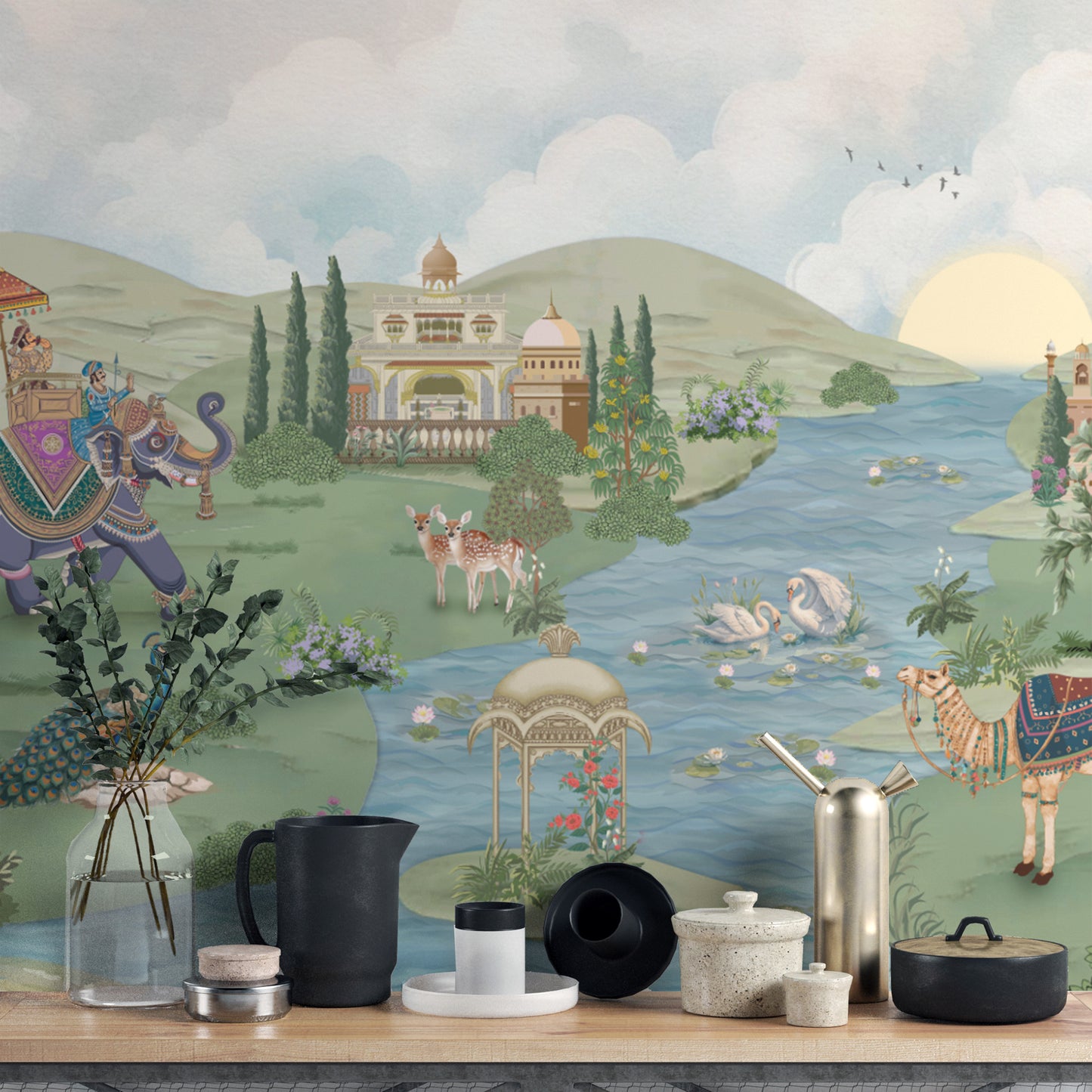 Scenic river and wildlife in Mughal-inspired wall mural
