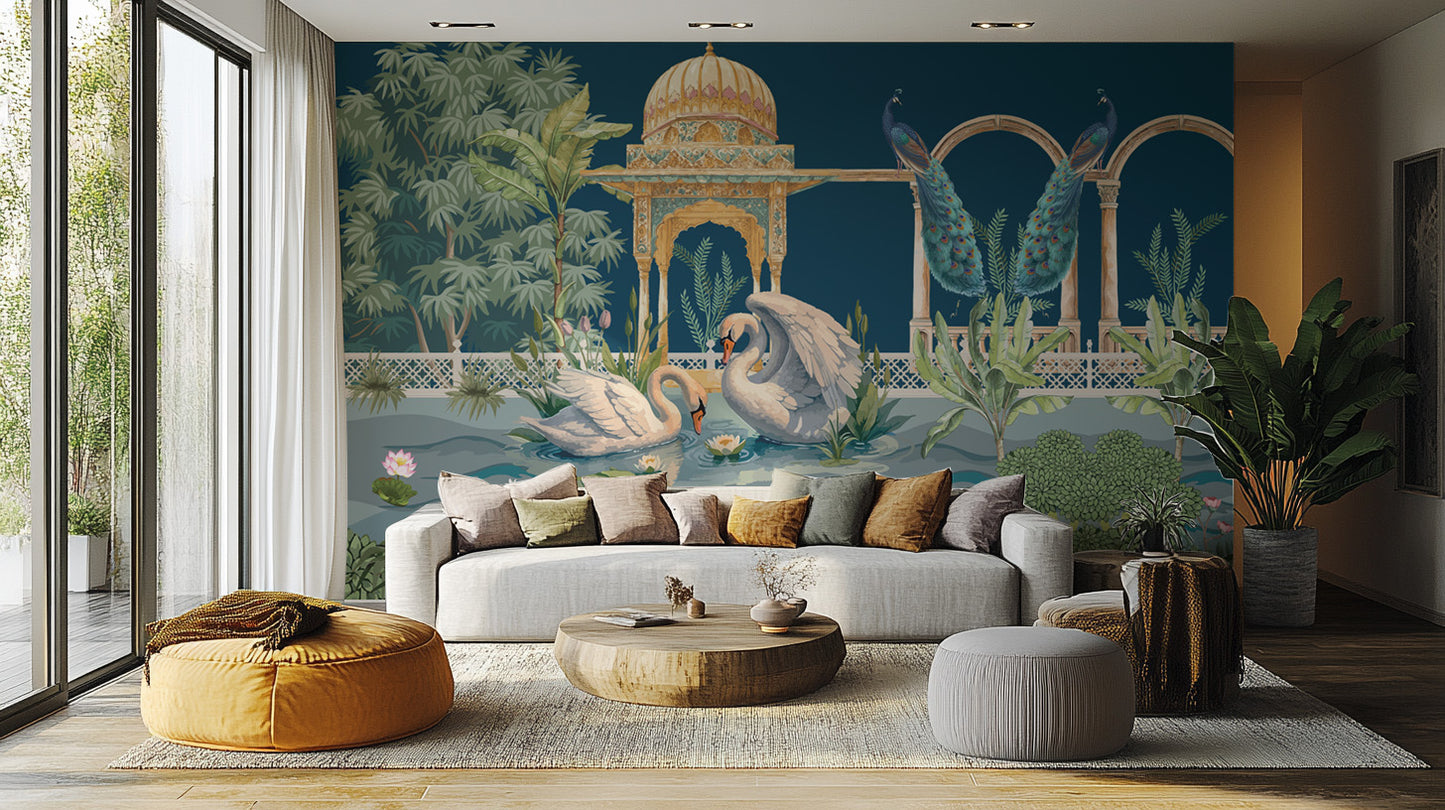 Indian palace scenic wallpaper with tropical details
