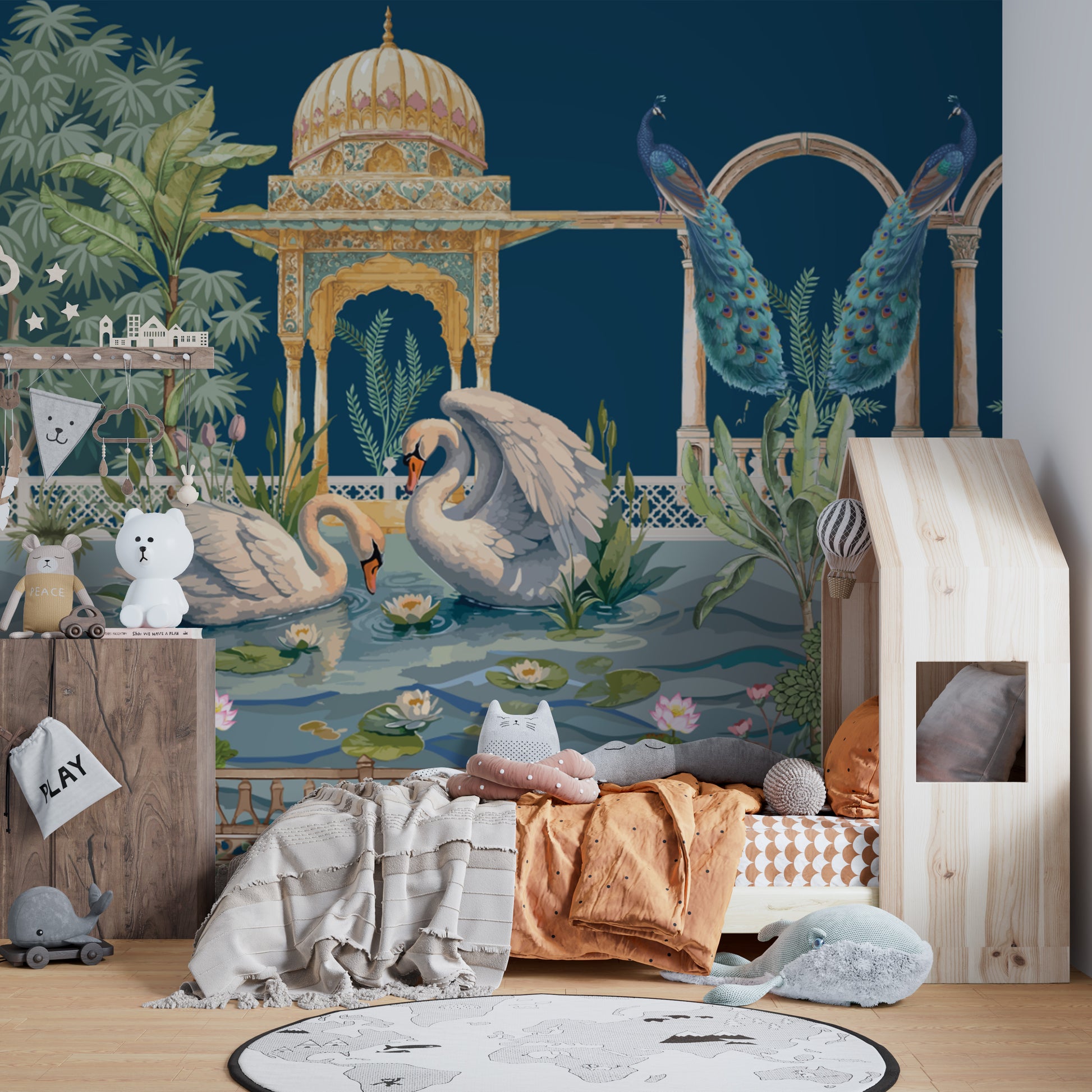 Peacock and swan wall mural with golden detailing
