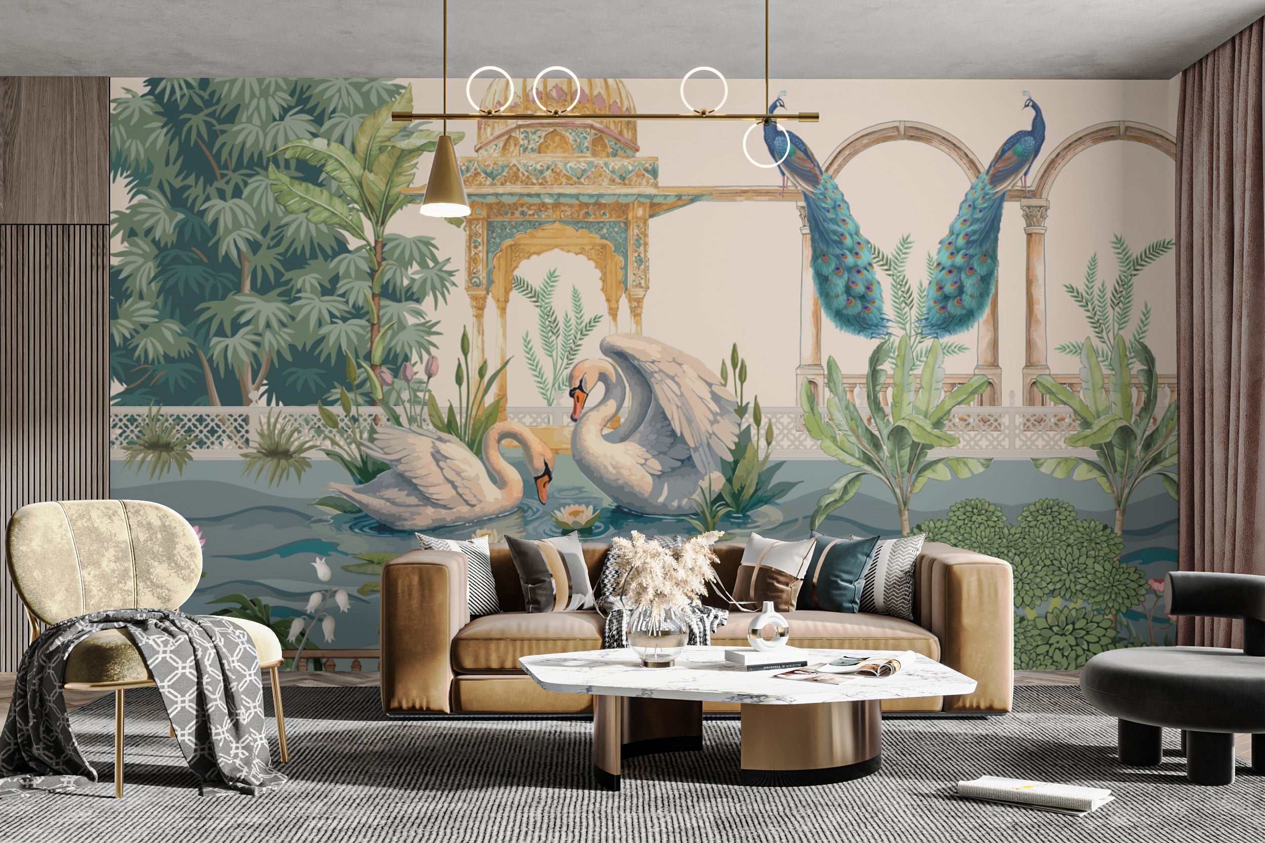 Luxury Nature Wallpaper featuring swans and peacocks
