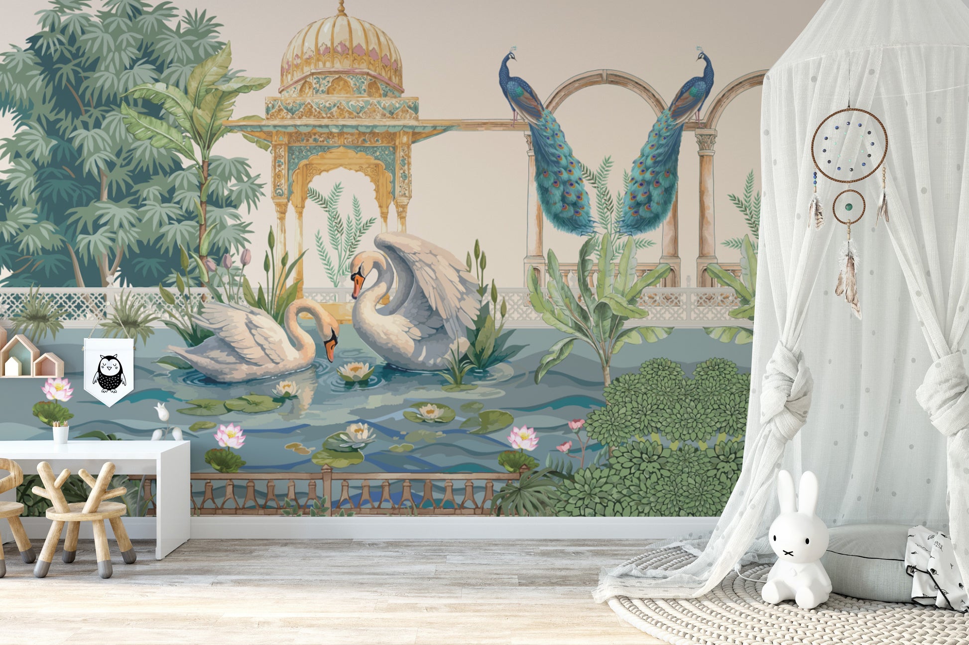 Luxury Swan Lake Wallpaper Mural with Mughal architecture
