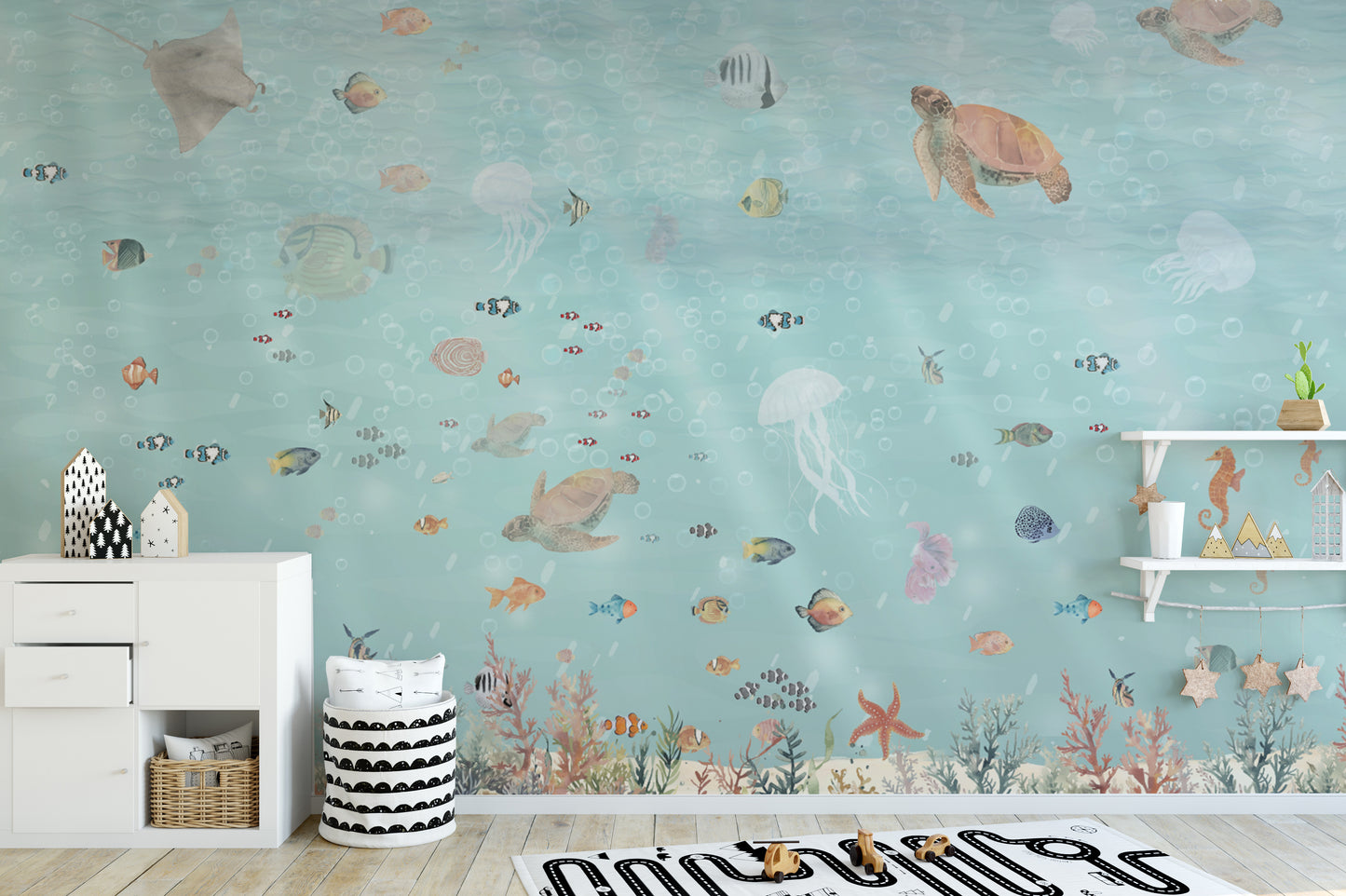 Stingray and colorful fish in marine life wall mural
