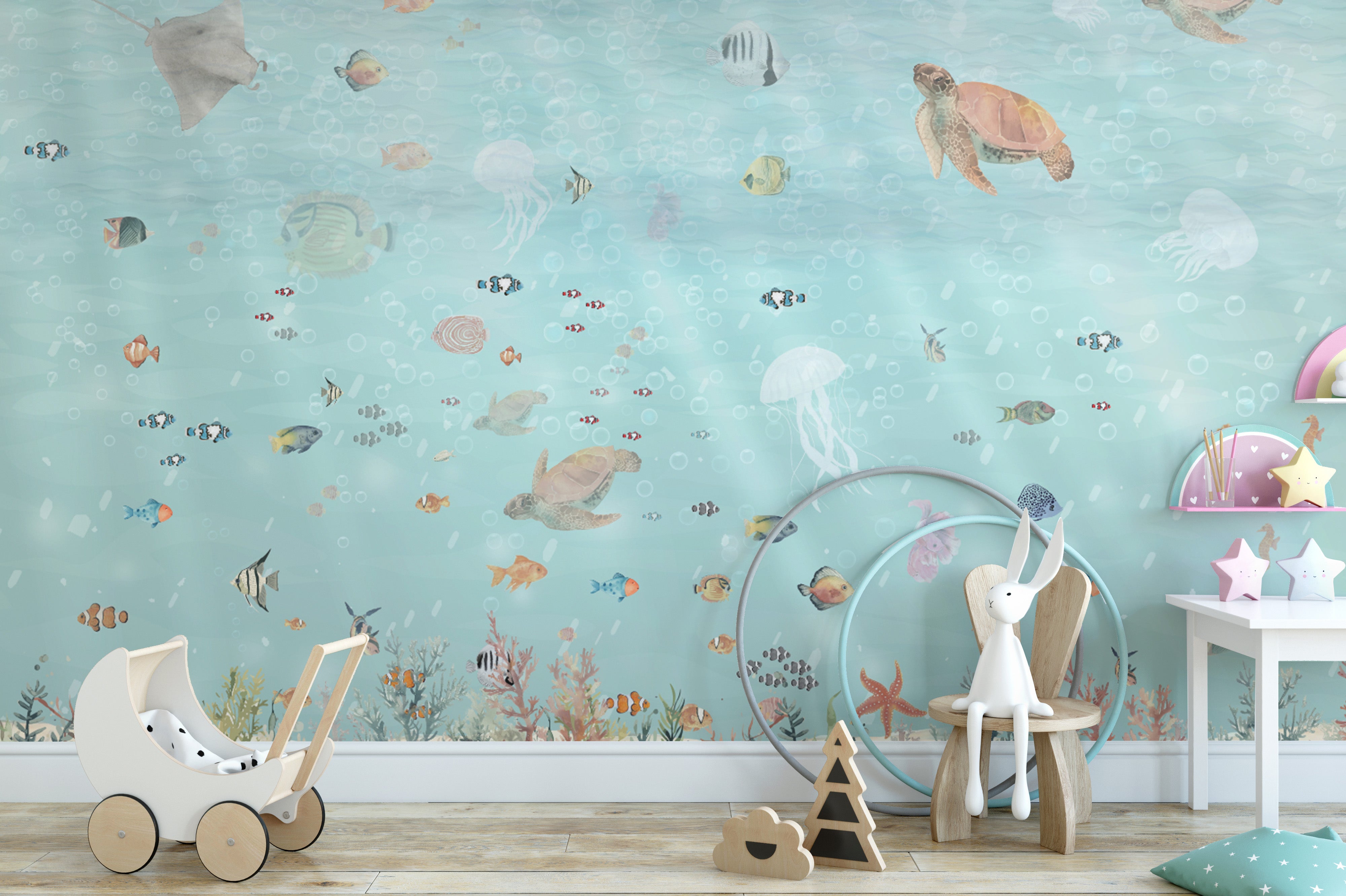 Hand-drawn sea turtles in ocean wallpaper design
