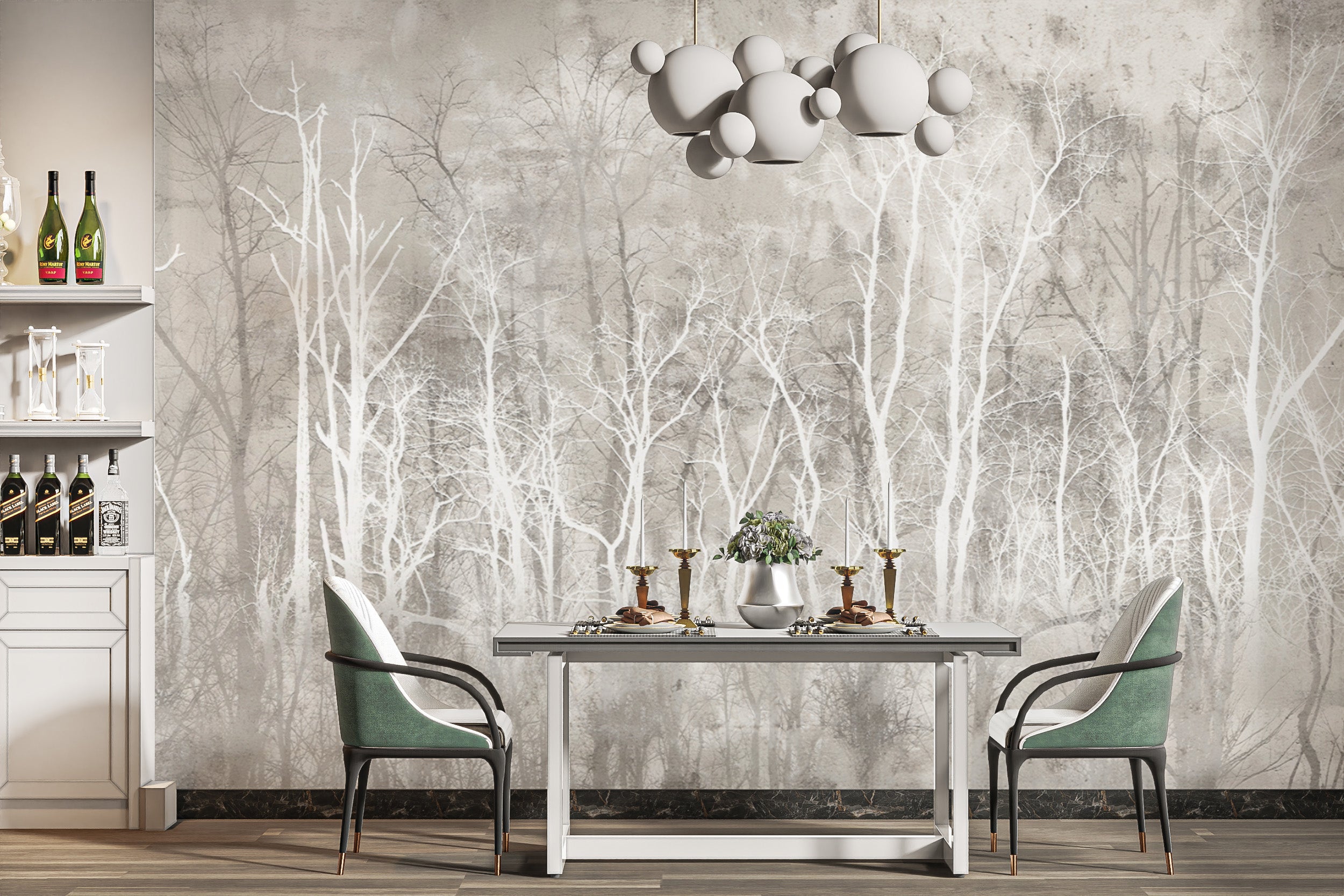 Elegant tree silhouette wallpaper mural in soft tones
