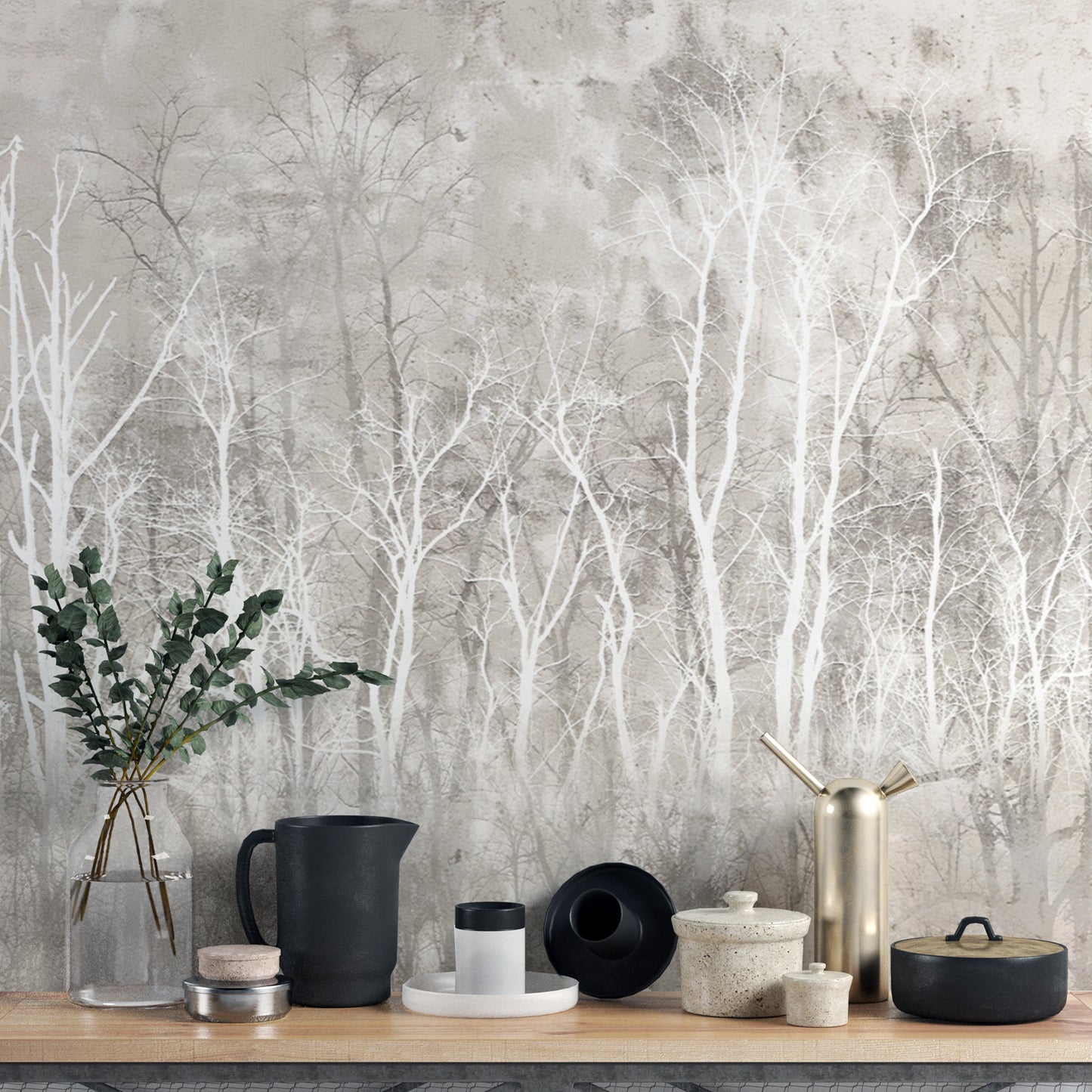 Neutral forest wall mural featuring delicate tree silhouettes
