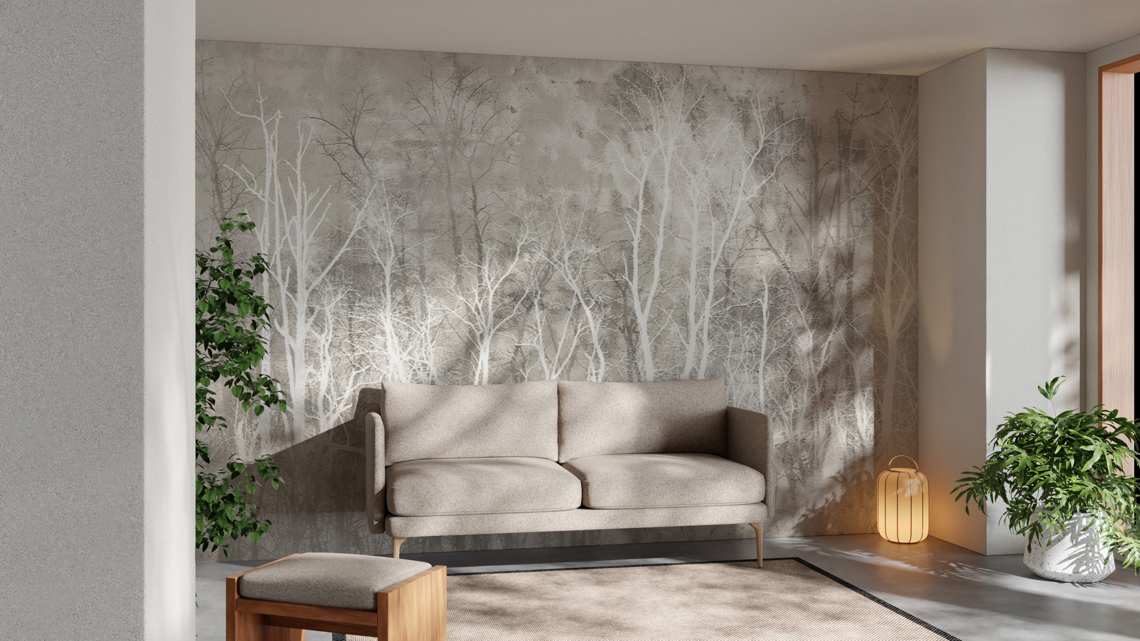 Modern woodland wallpaper mural in grayscale design
