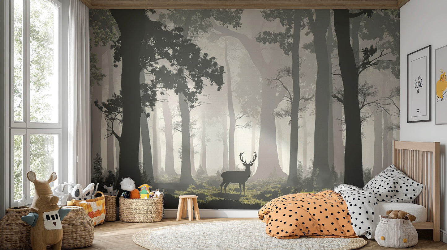 Moody foggy forest wallpaper with deer silhouette
