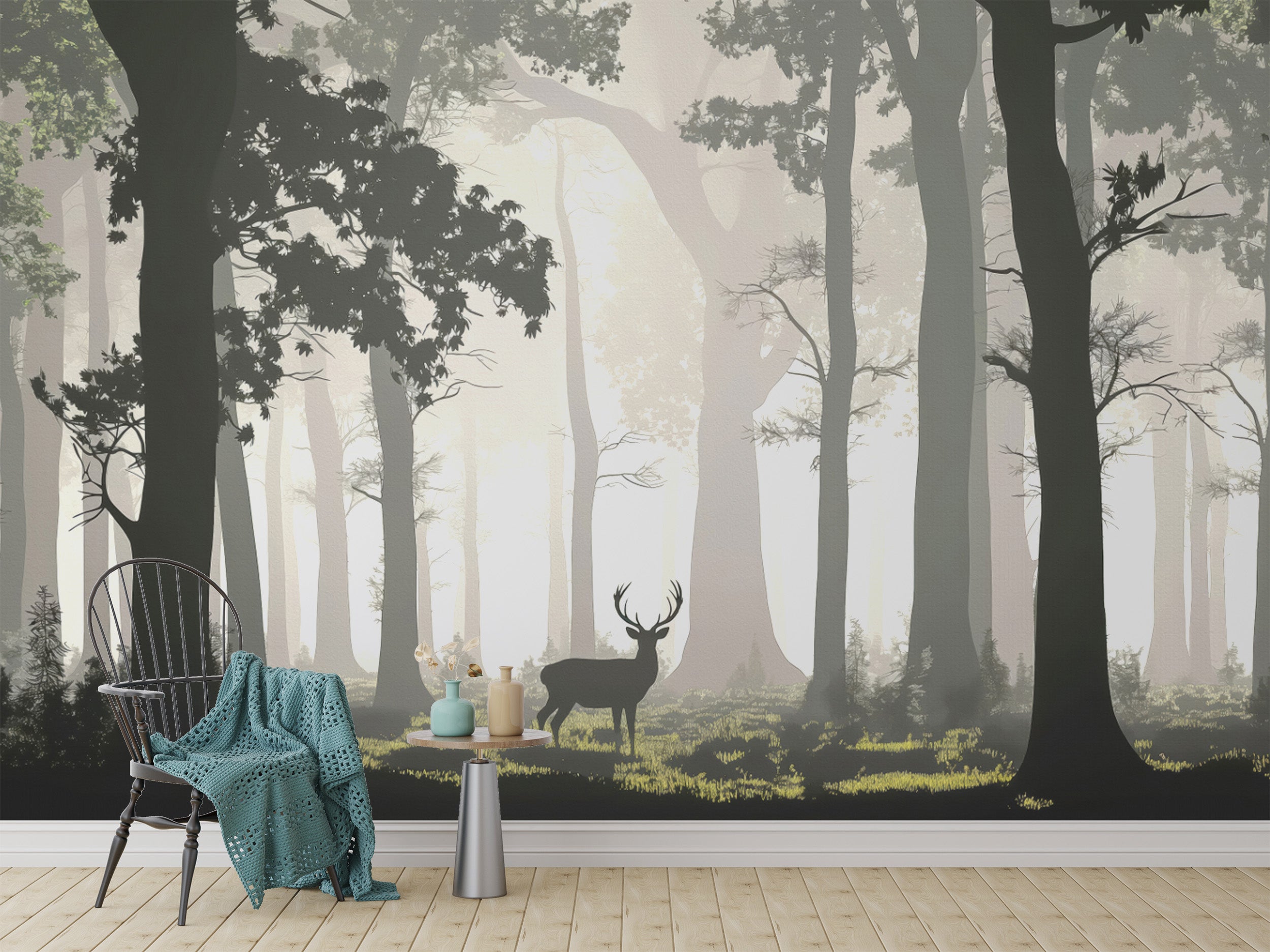 Foggy forest wallpaper with deer silhouette
