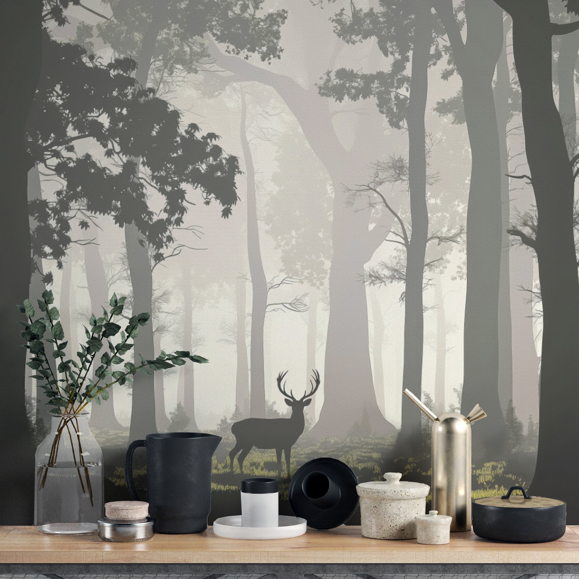 Serene forest wallpaper mural with deer
