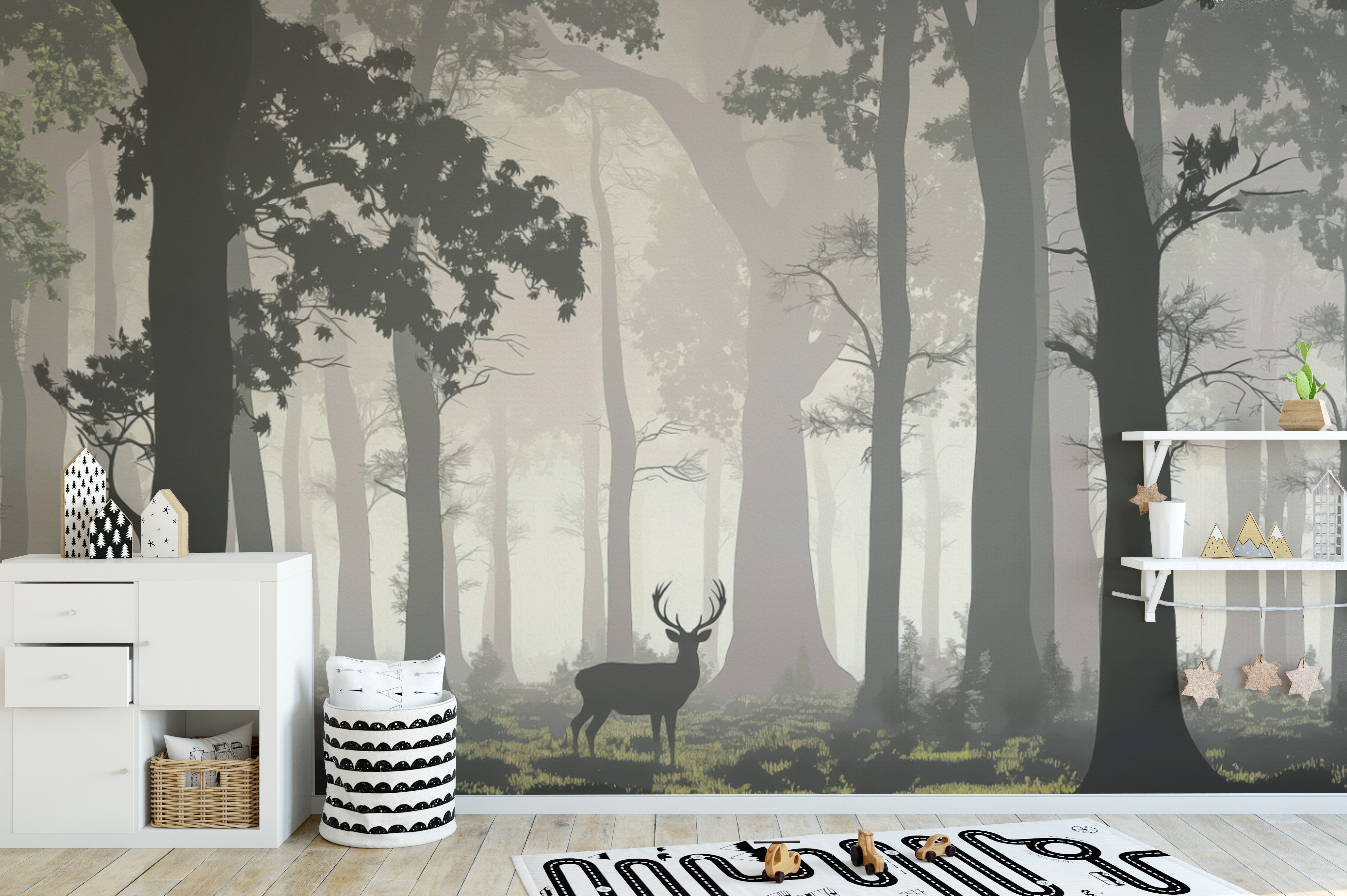 Wildlife scenery wallpaper with misty trees
