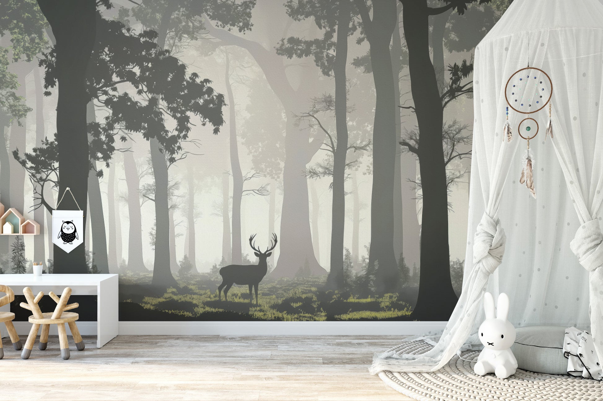 Enchanting misty forest wall mural with wildlife
