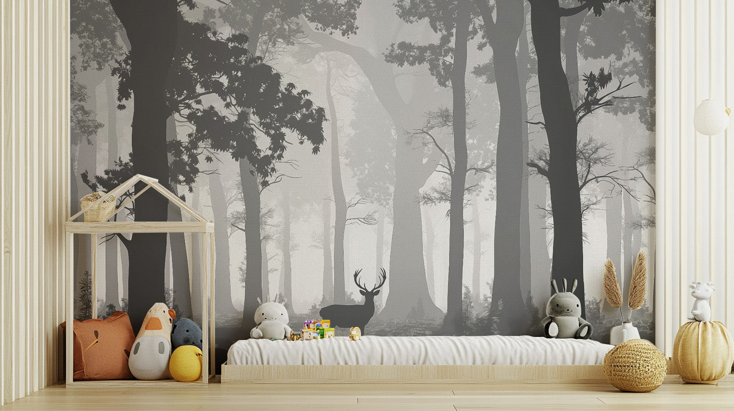 Peaceful forest wallpaper mural with misty background
