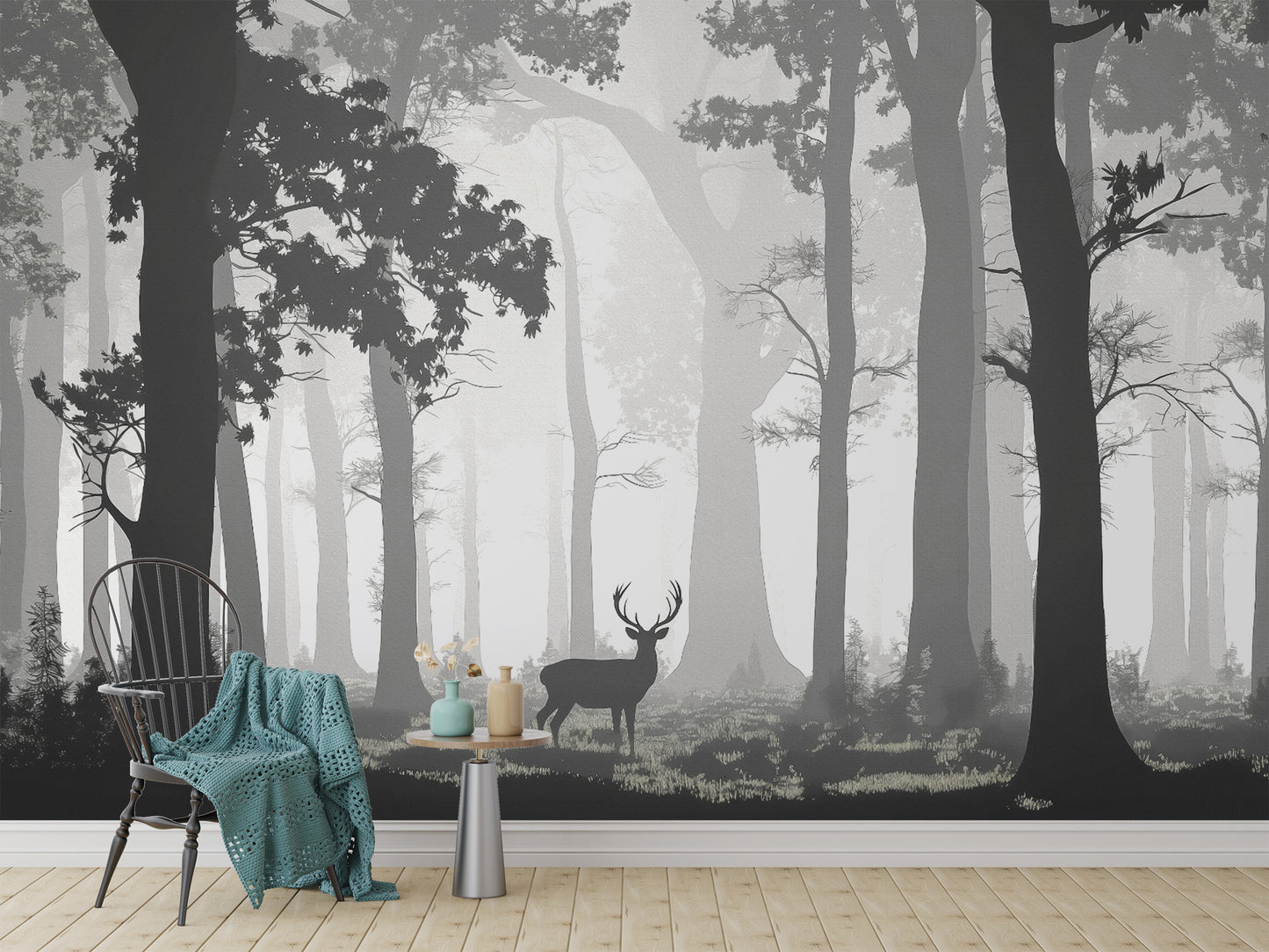 Elegant deer silhouette forest wallpaper in grayscale
