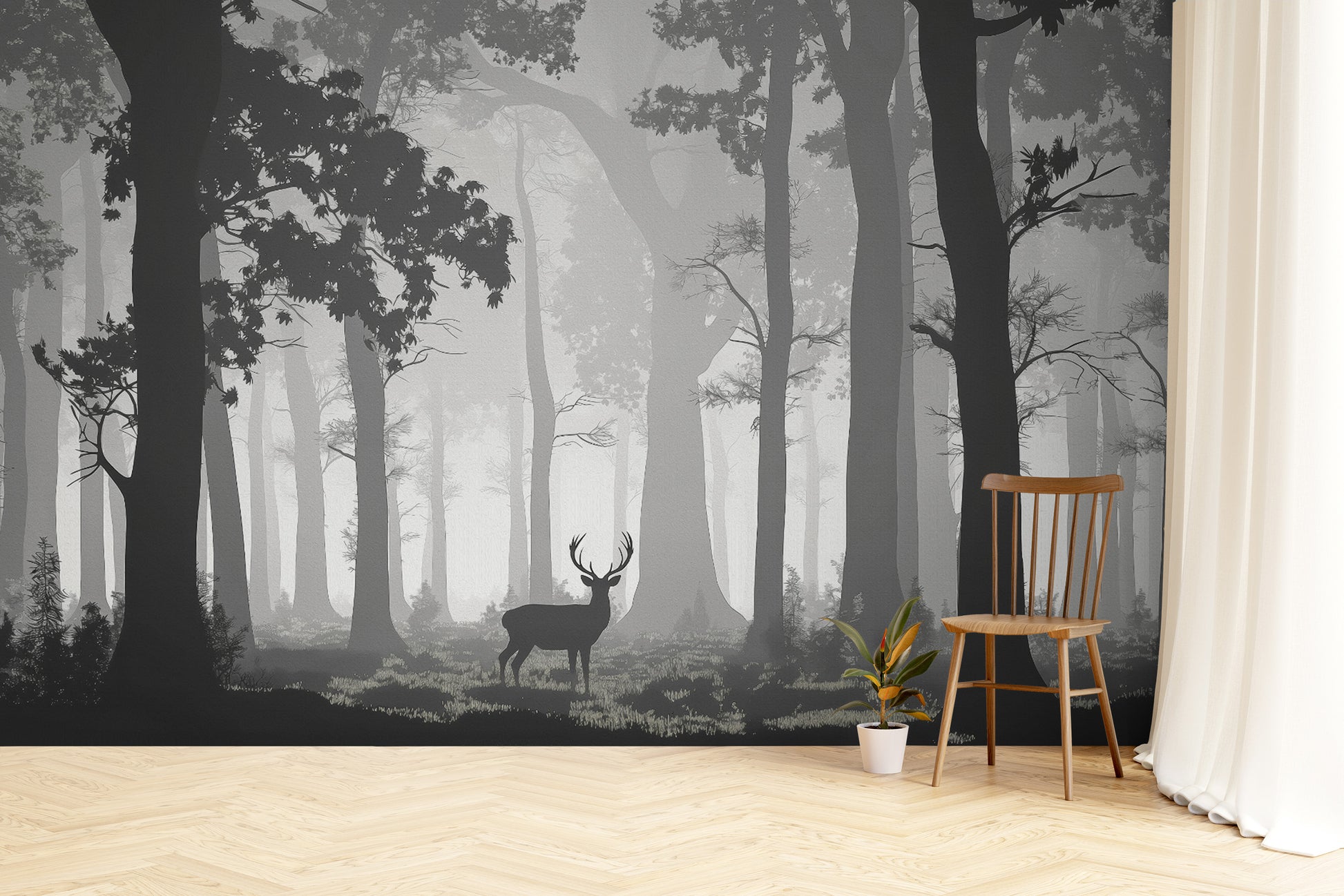 Nature-inspired deer forest wall mural in black and white
