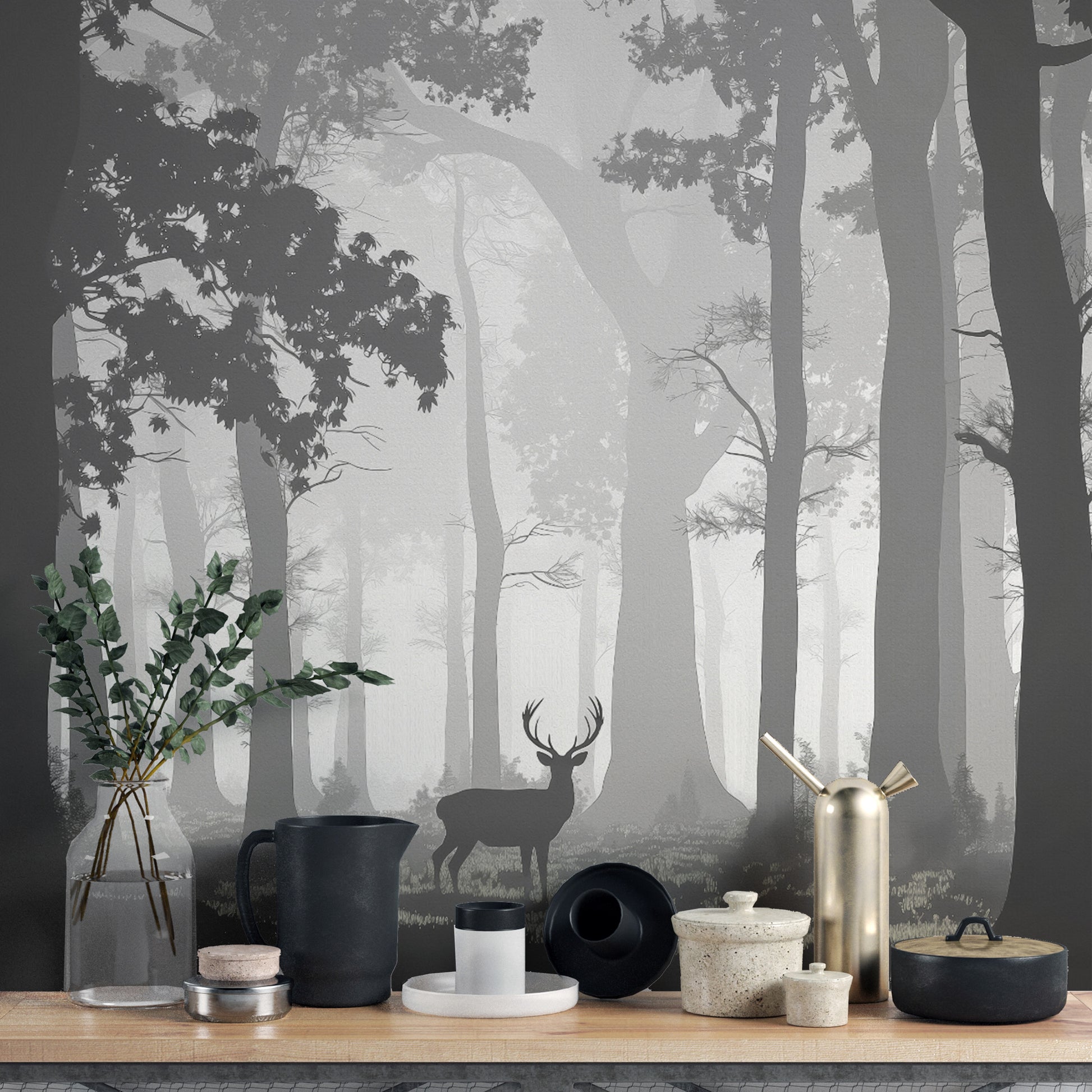 Scenic misty woods wallpaper mural with tall trees
