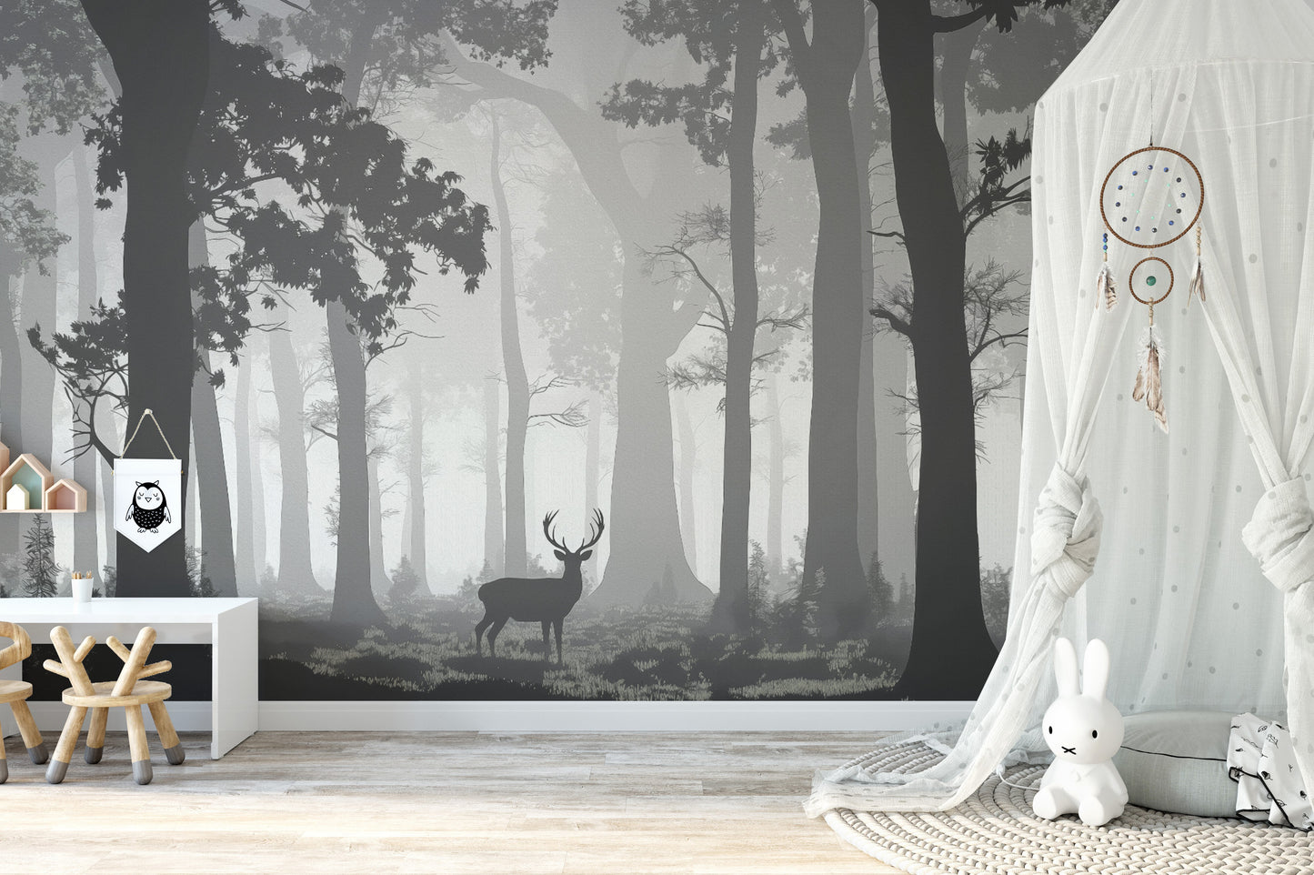 Stylish silhouette deer forest wallpaper for modern interiors




