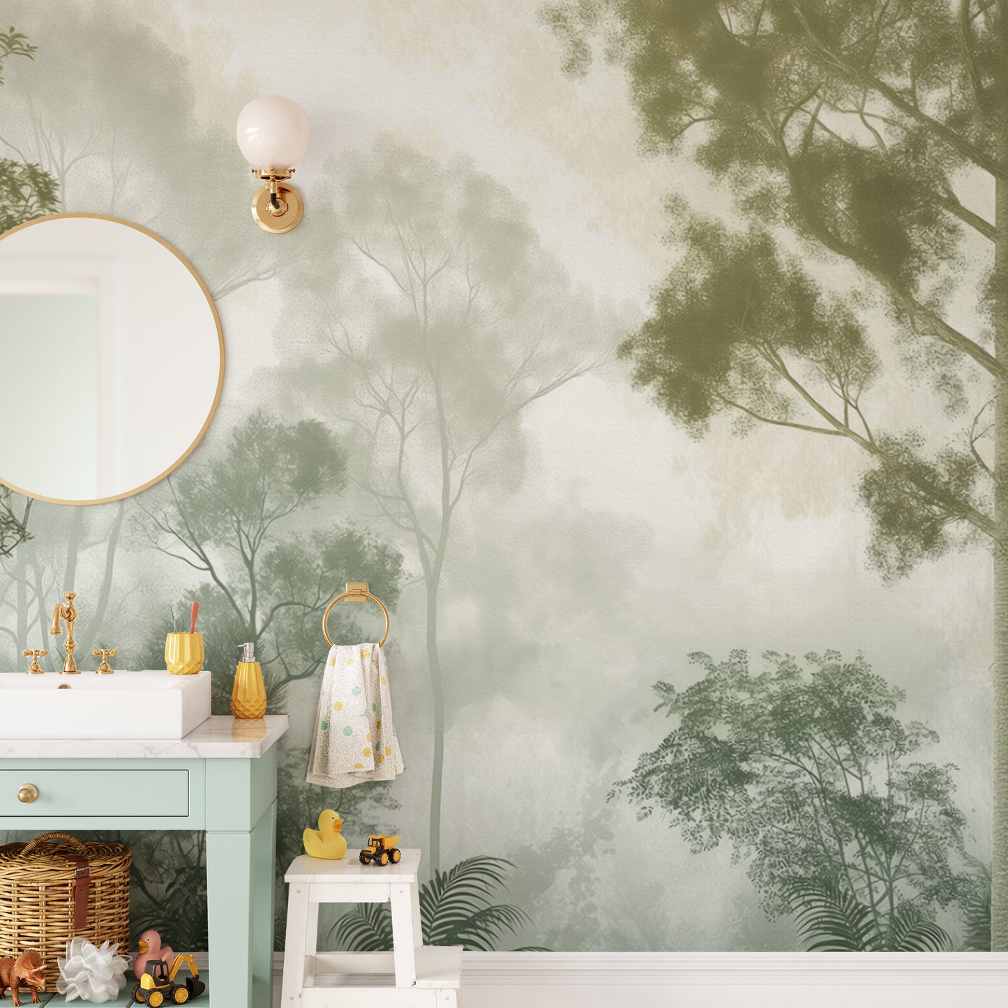 Foggy jungle wall mural for a calming atmosphere
